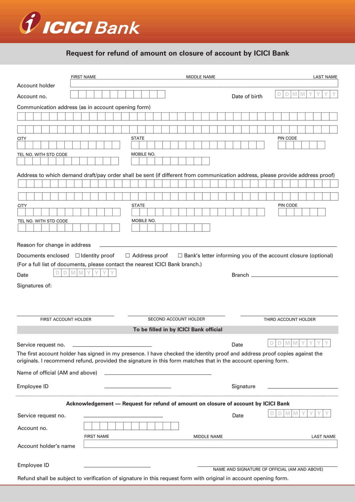 ICICI Bank Refund Request on Account Closure Application Form Download in PDF-1