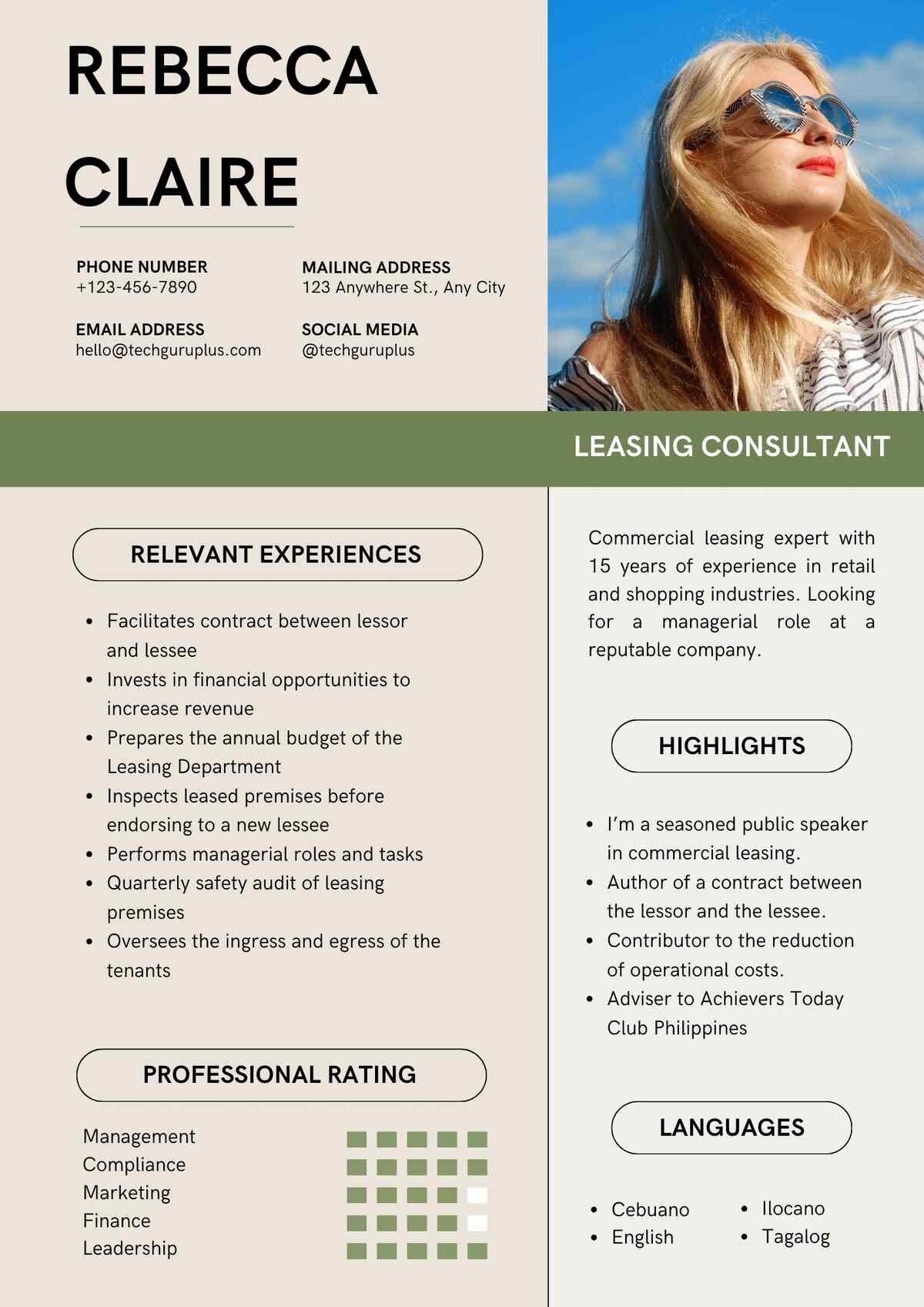 Leasing Consultant Editable Resume Templates Download in Docx Format