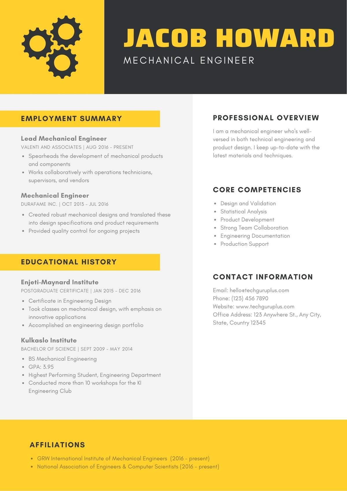 Mechanical Engineer Editable Resume Template Download in docx