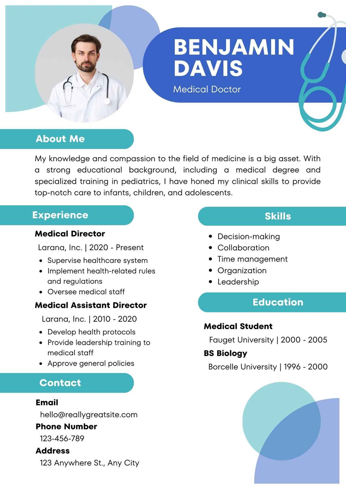 Medical Doctor Editable Resume Template Download in docx