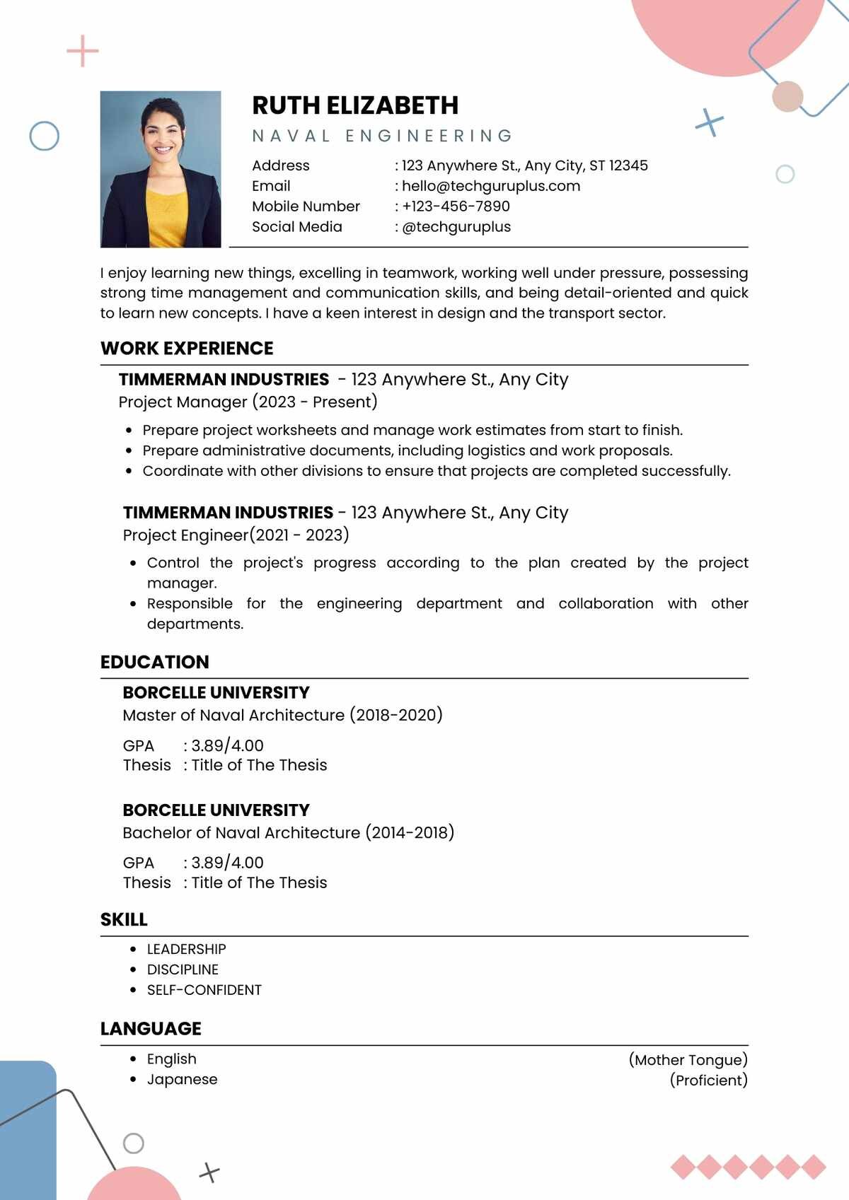 Naval Engineering Editable Resume Template Download in docx