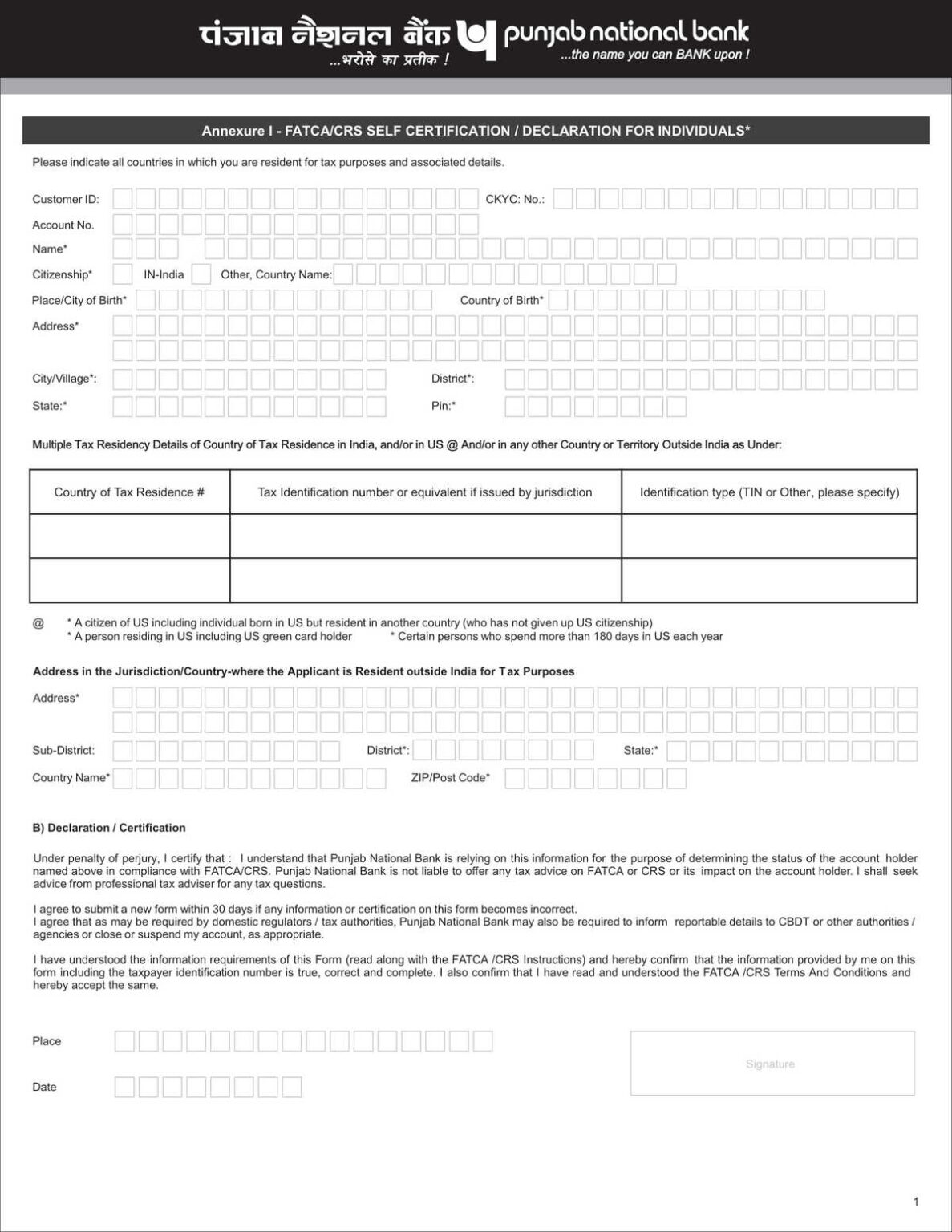 Punjab National Bank Form No 60 Download in PDF