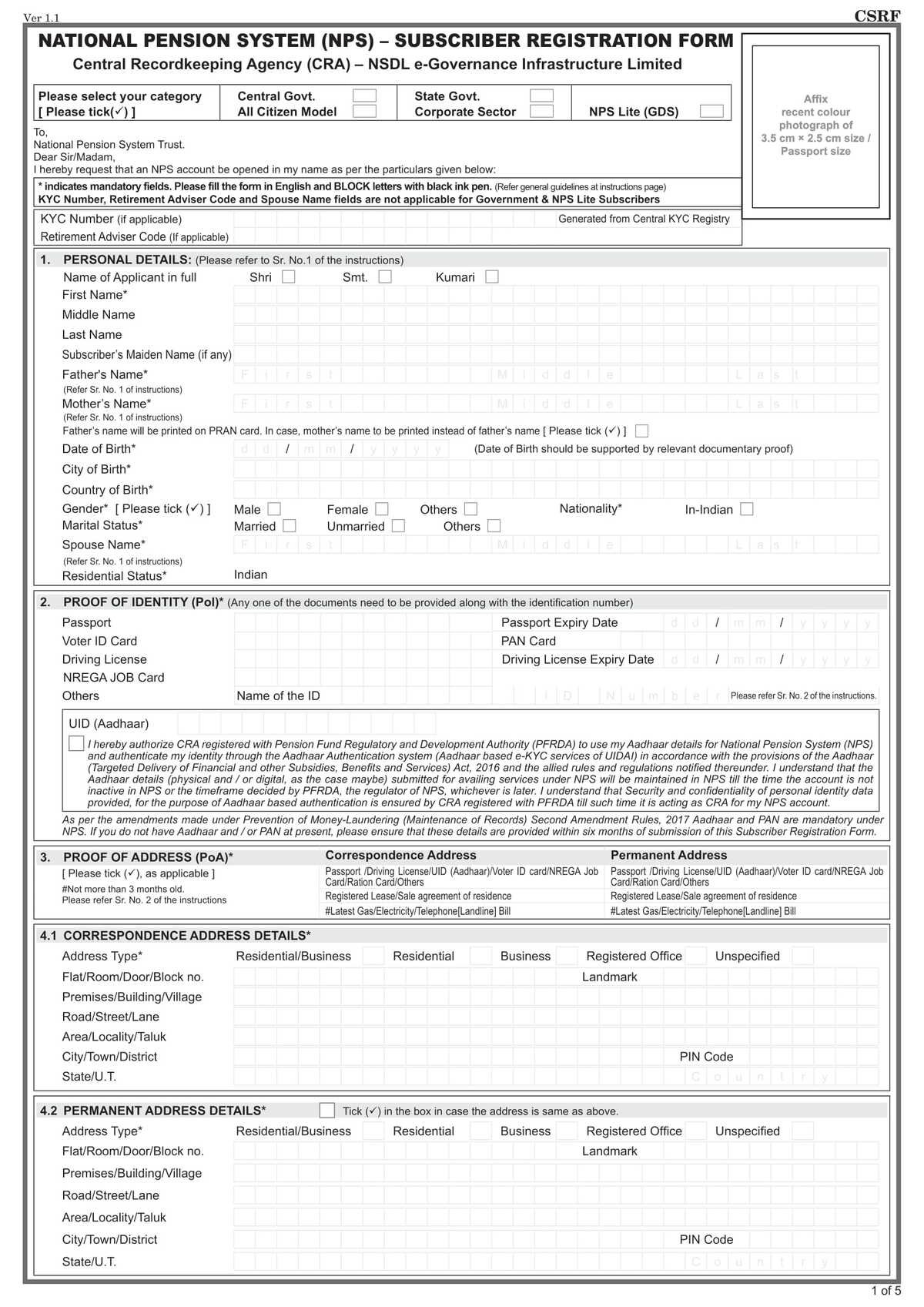 Punjab National Bank NPS Account Opening Form Download in PDF-1