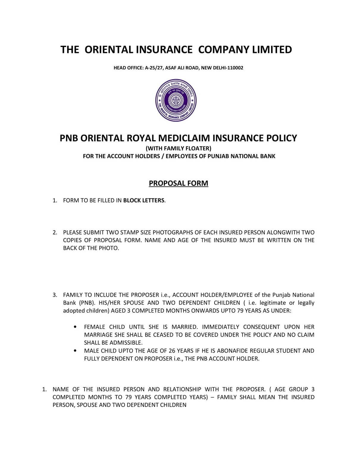 Punjab National Bank PNB ORIENTAL ROYAL MEDICLAIM INSURANCE POLICY PROPOSAL FORM Download in PDF-1