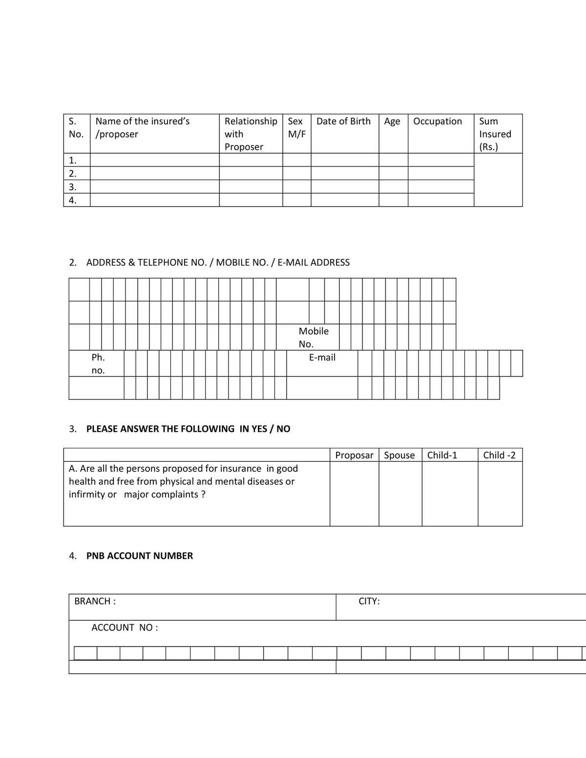 Punjab National Bank PNB ORIENTAL ROYAL MEDICLAIM INSURANCE POLICY PROPOSAL FORM Download in PDF-2