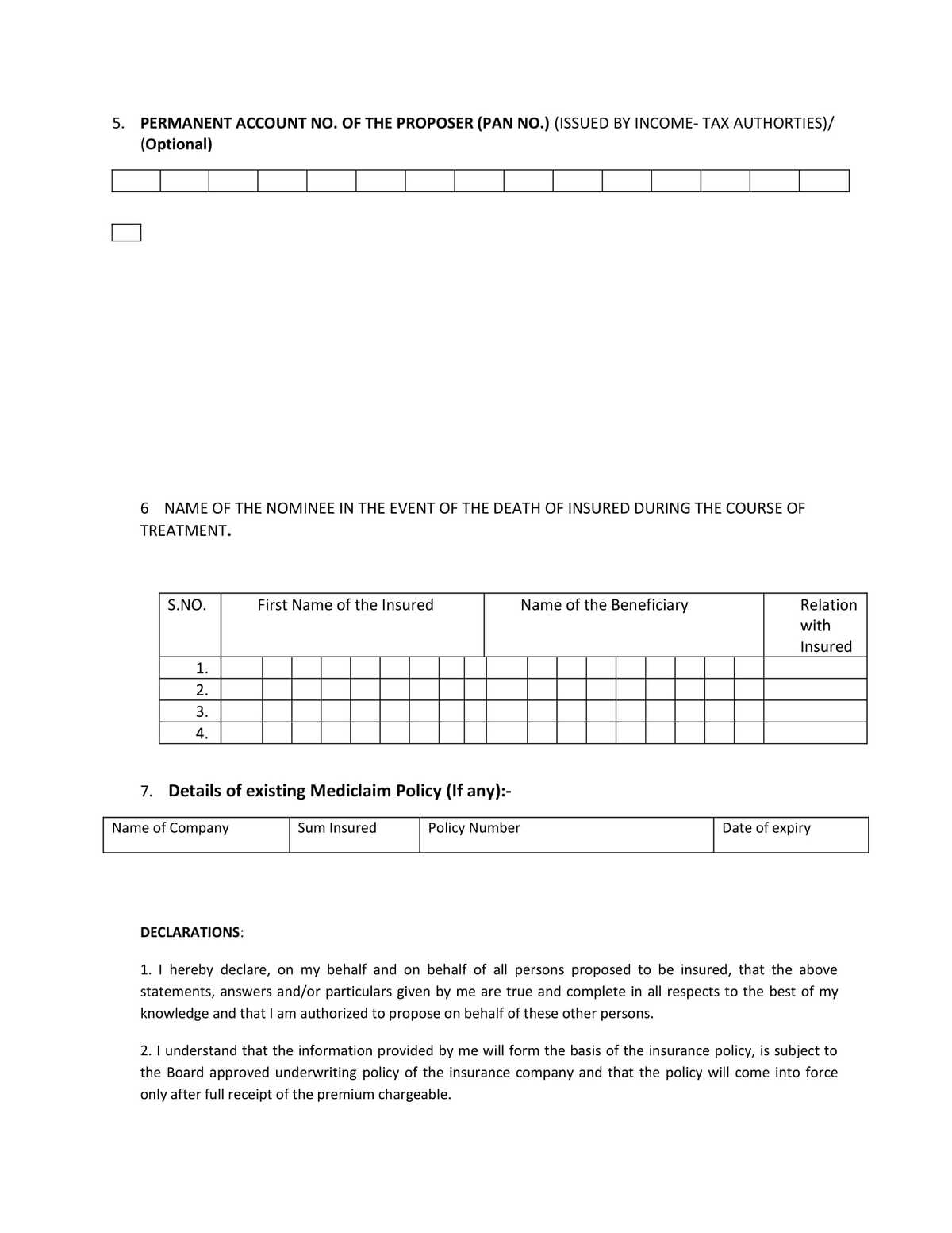 Punjab National Bank PNB ORIENTAL ROYAL MEDICLAIM INSURANCE POLICY PROPOSAL FORM Download in PDF-3