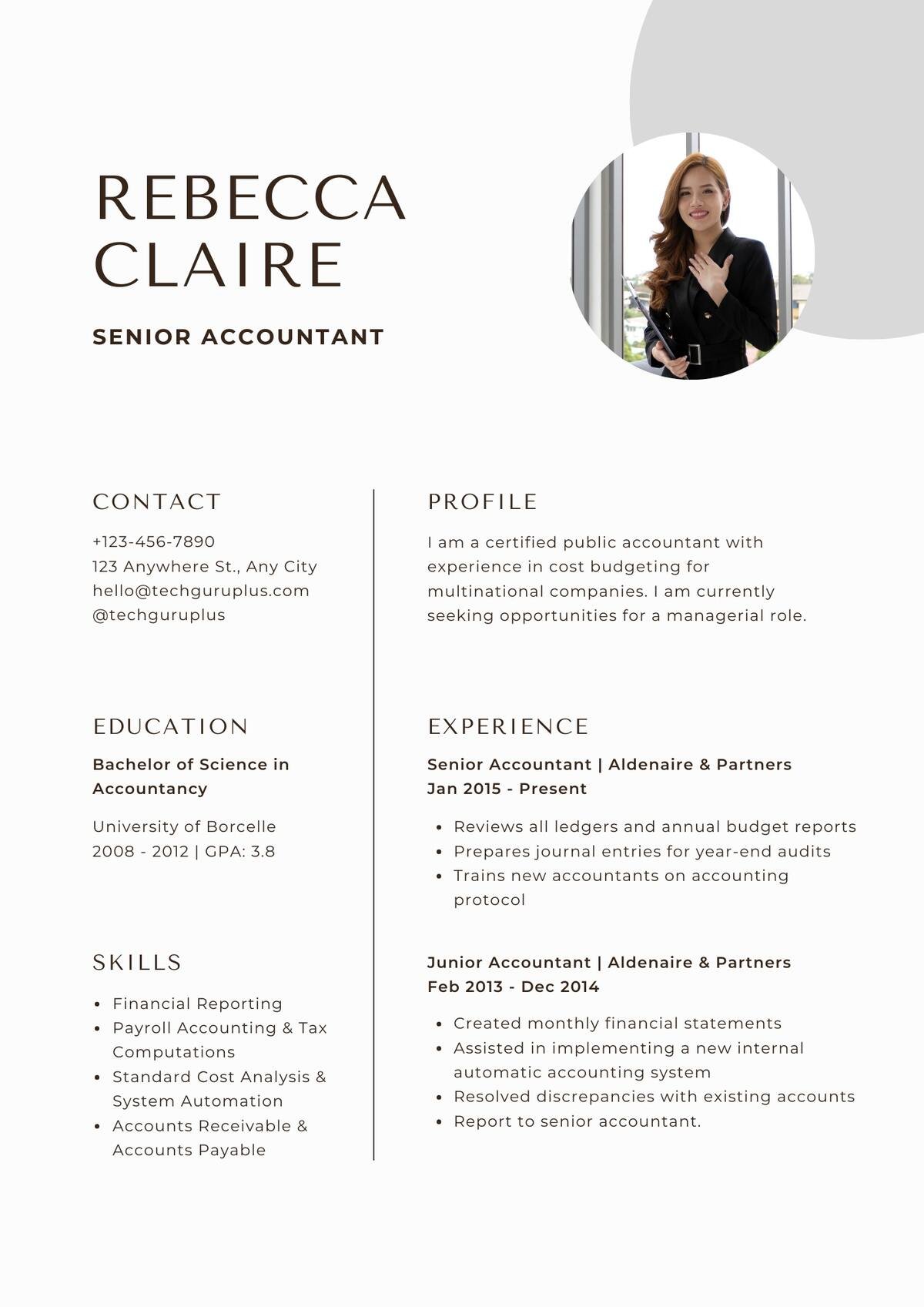 Senior Accountant Editable Resume Templates Download in Docx Format