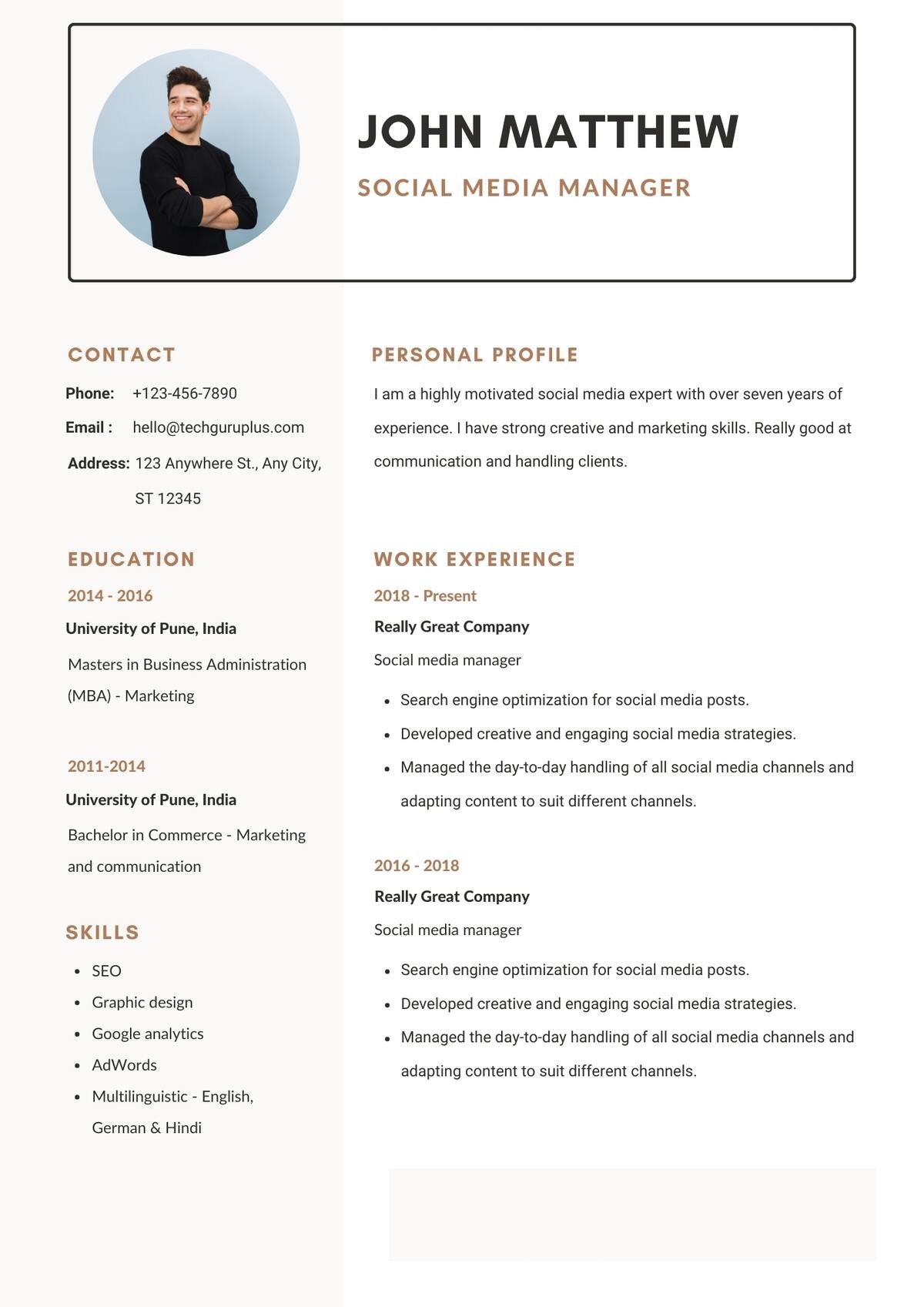 Social Media Manager Editable Resume Templates Download in Docx Format