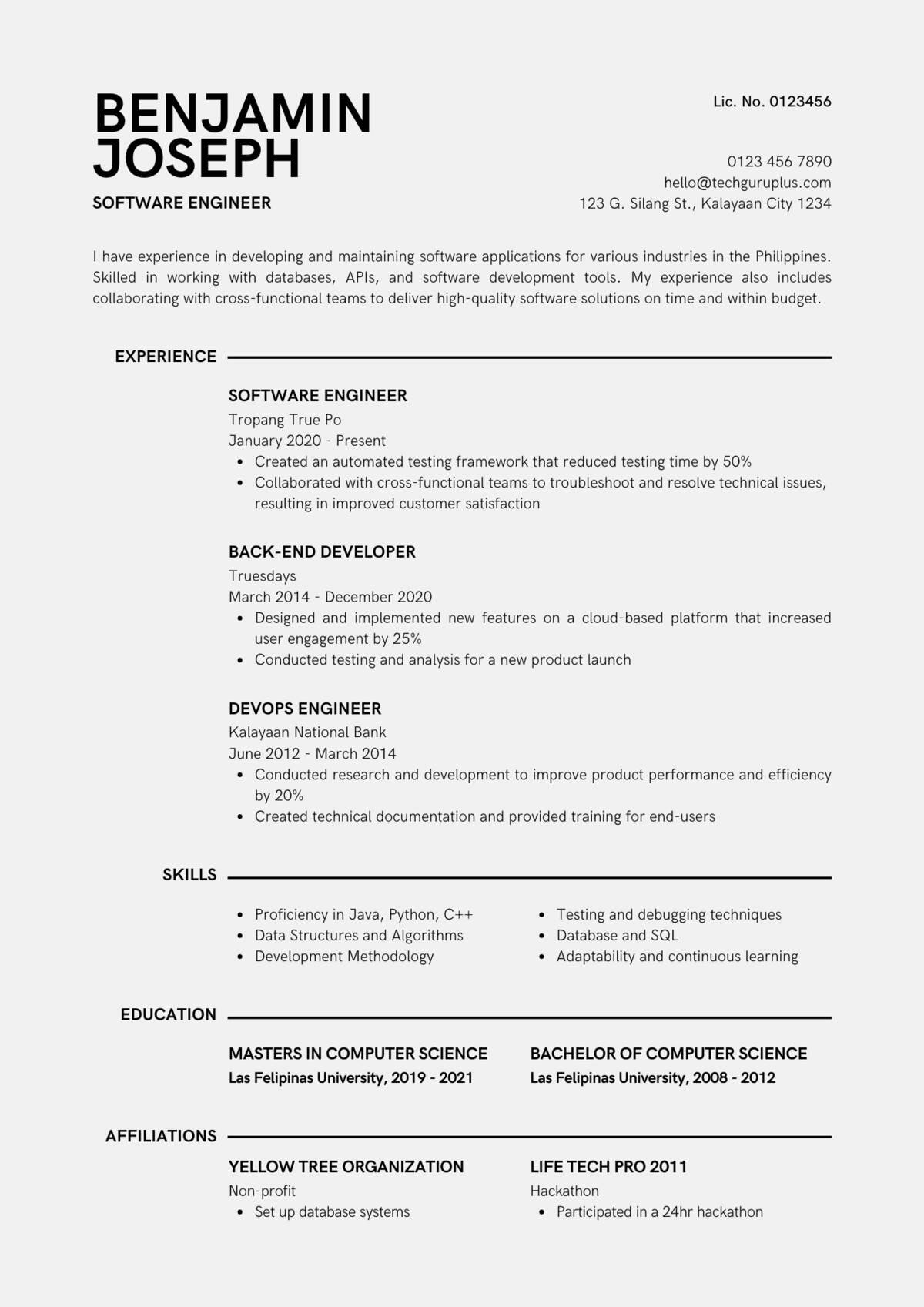 Software Engineer Editable Resume Template Download in docx