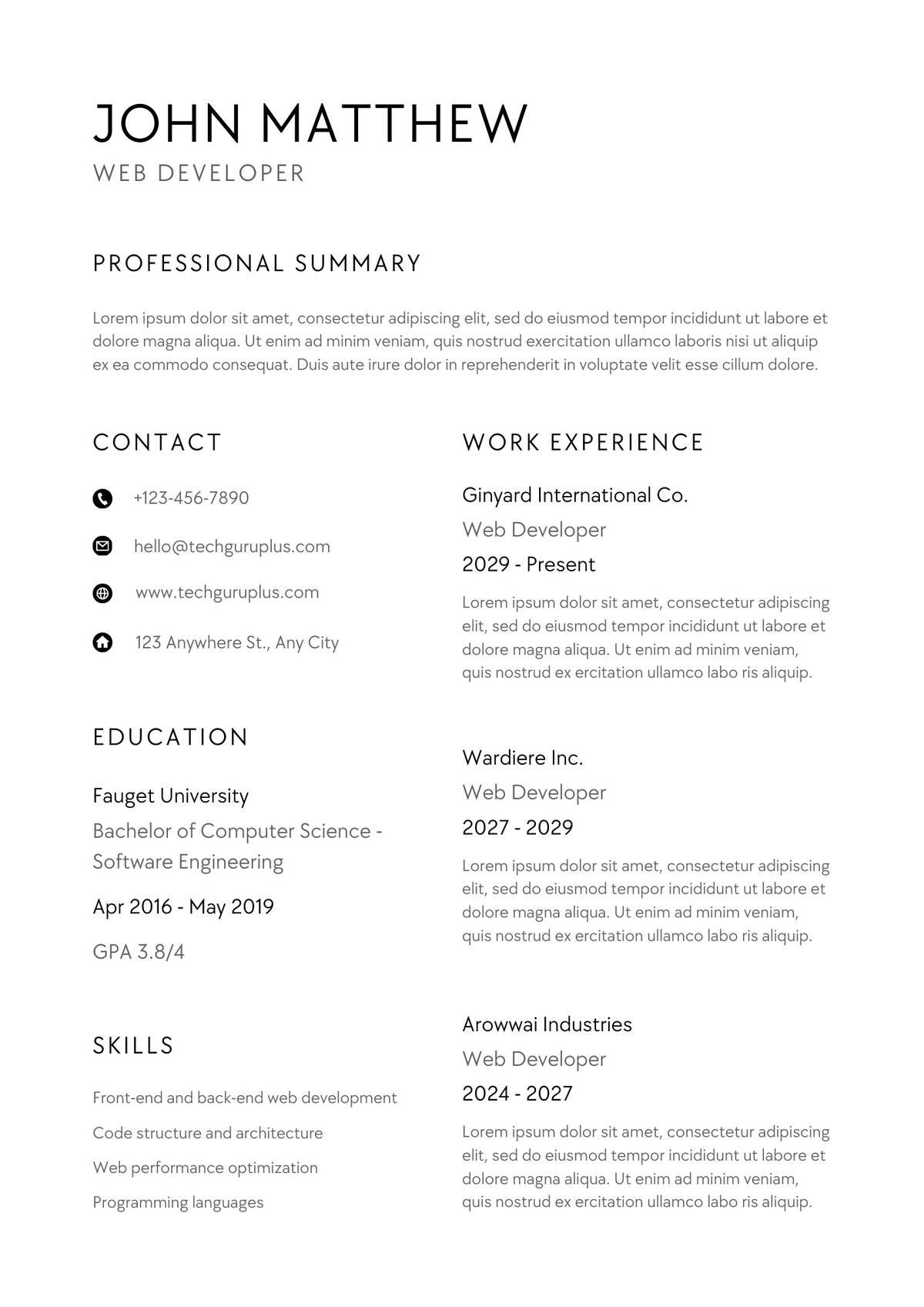 Web Developer Editable Resume Template Download in docx-1