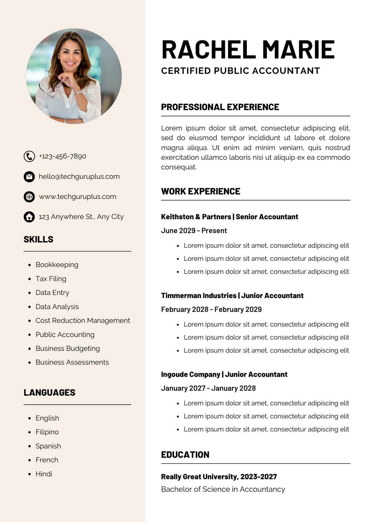 certified public accountant Editable Resume Templates Download in Docx Format