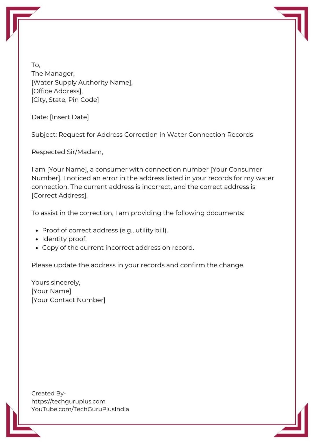 Application for Address Change in Water Connection [5 Format]