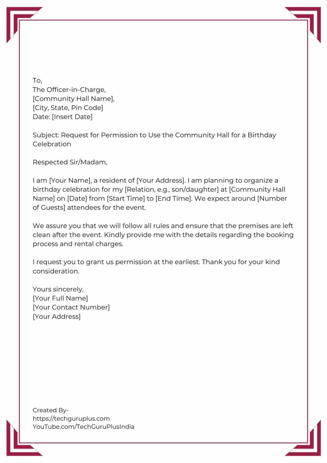 Application for Permission to Use a Community Hall [5 Format]