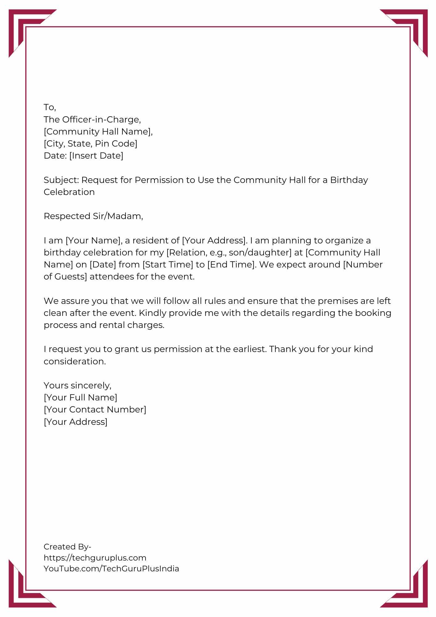 Application for Booking a Community Hall for a Birthday Celebration