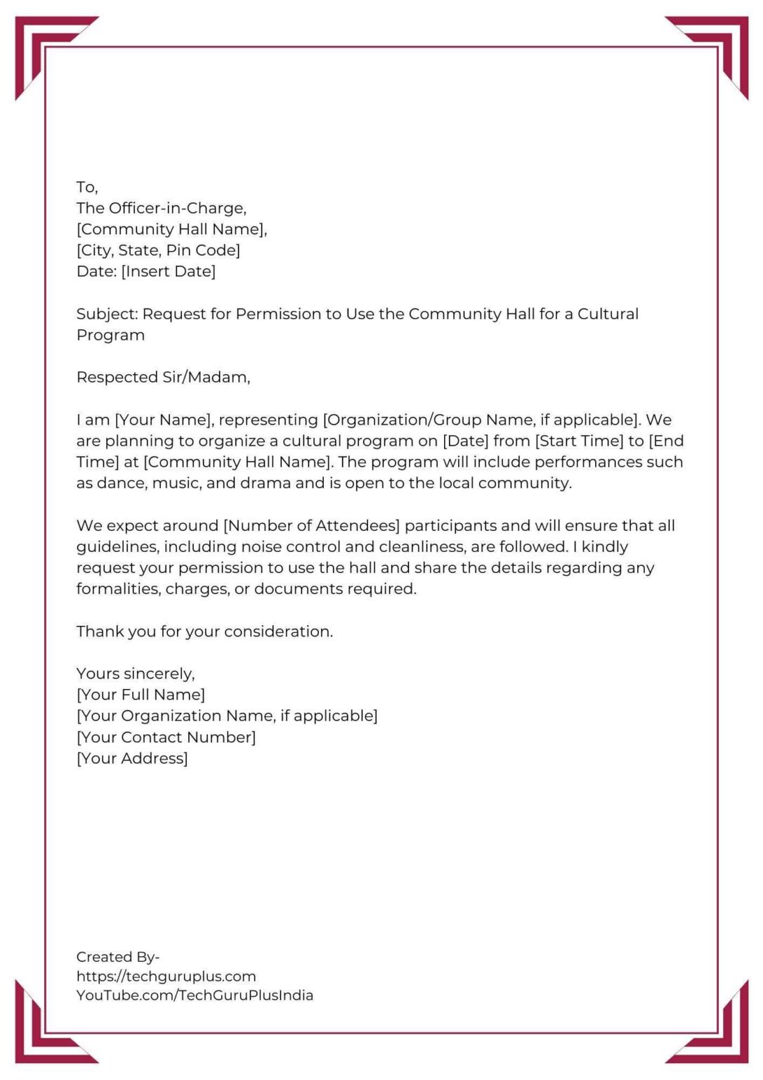 Application for Permission to Use a Community Hall [5 Format]