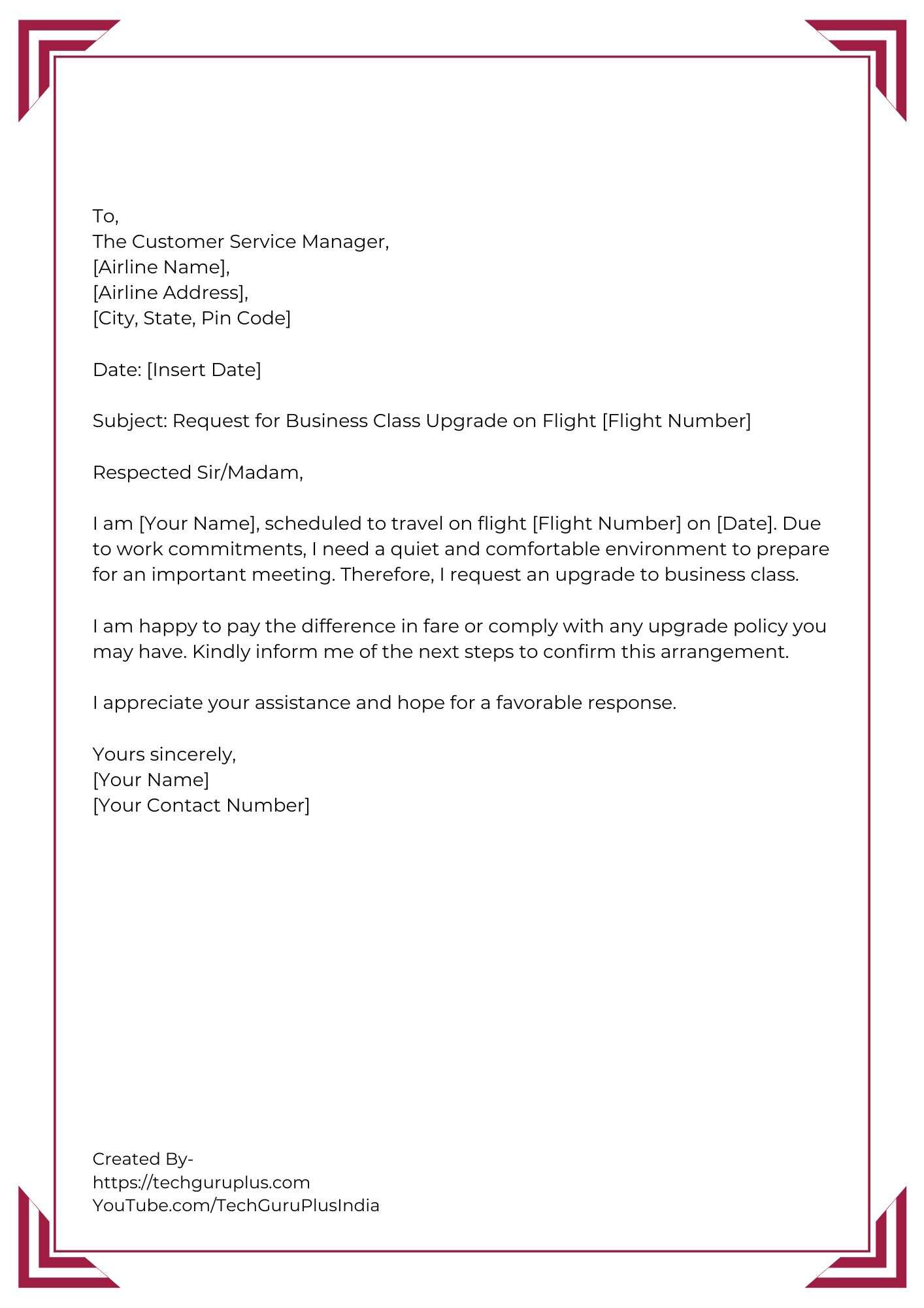 Application for Business Class Upgrade Due to Work Commitments