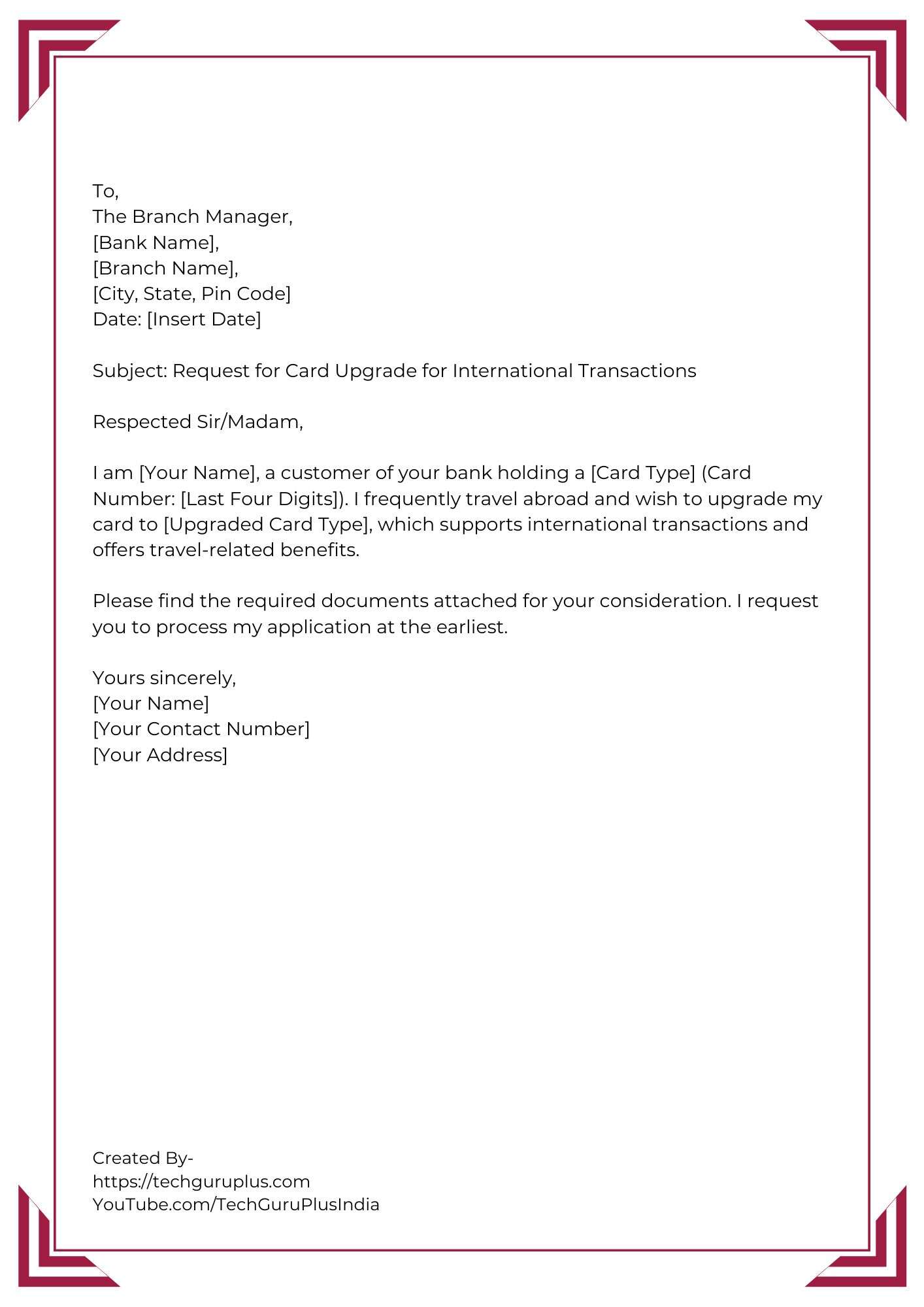 Application for Card Upgrade for International Transactions