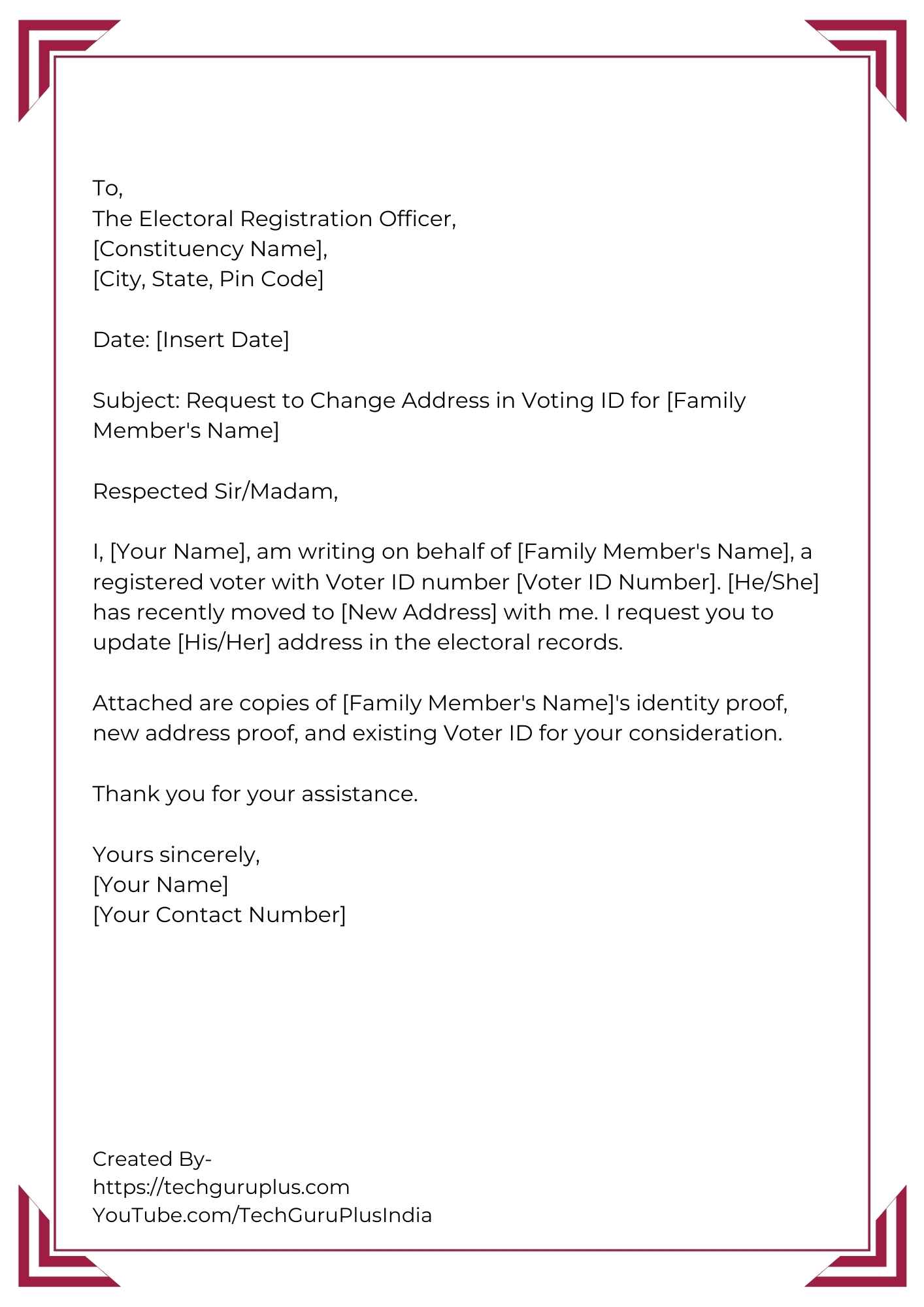 Application for Changing Address in Voting ID for a Family Member