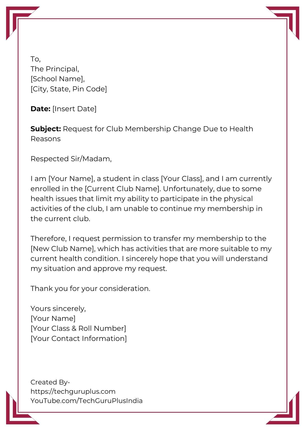 Application for Changing Club Membership Due to Health Reasons