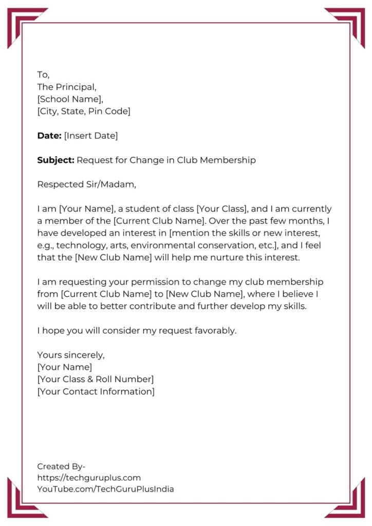 Application for Changing Club Membership in School [5 Formats]
