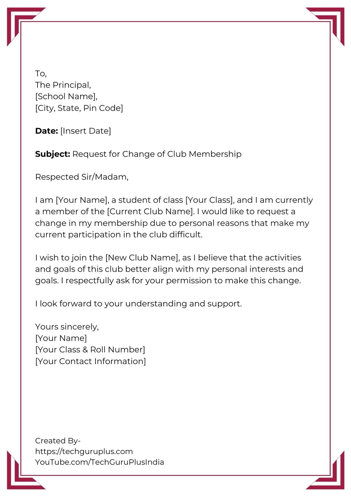 Application for Changing Club Membership Due to Personal Reasons