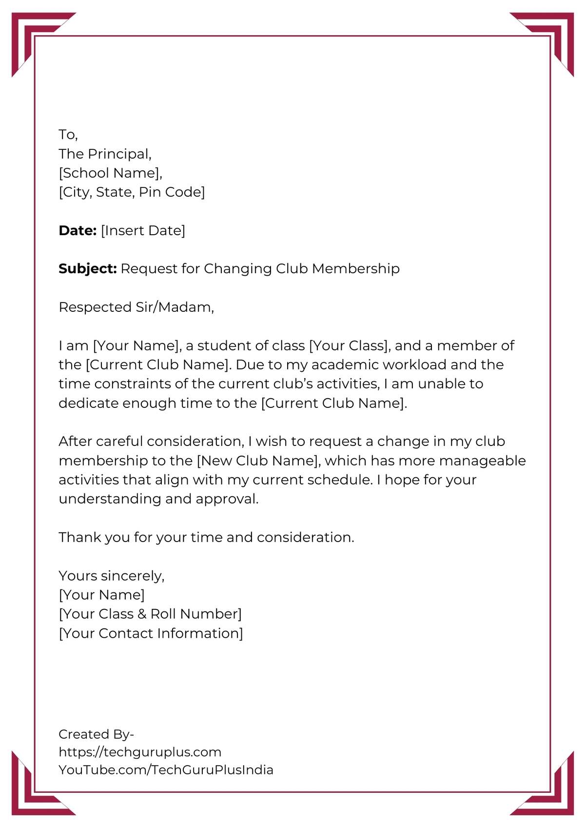 Application for Changing Club Membership Due to Time Constraints