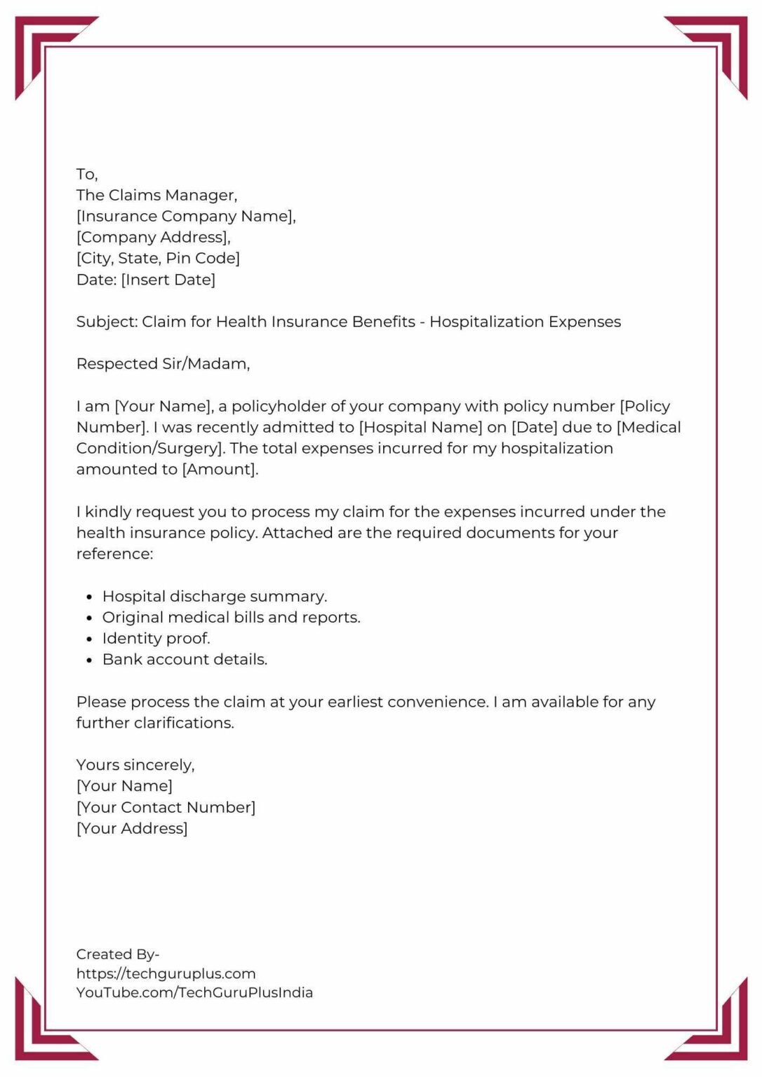 Application for Claiming Health Insurance Benefits on Hospitalization ...
