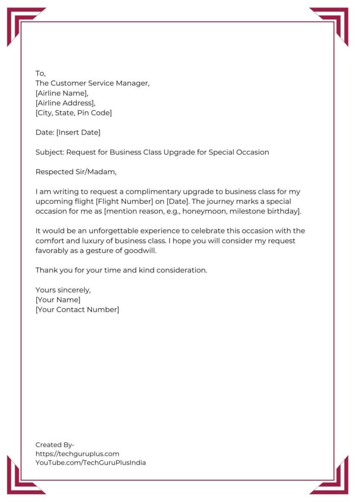Application for Upgrade to Business Class Seat [5 Format]