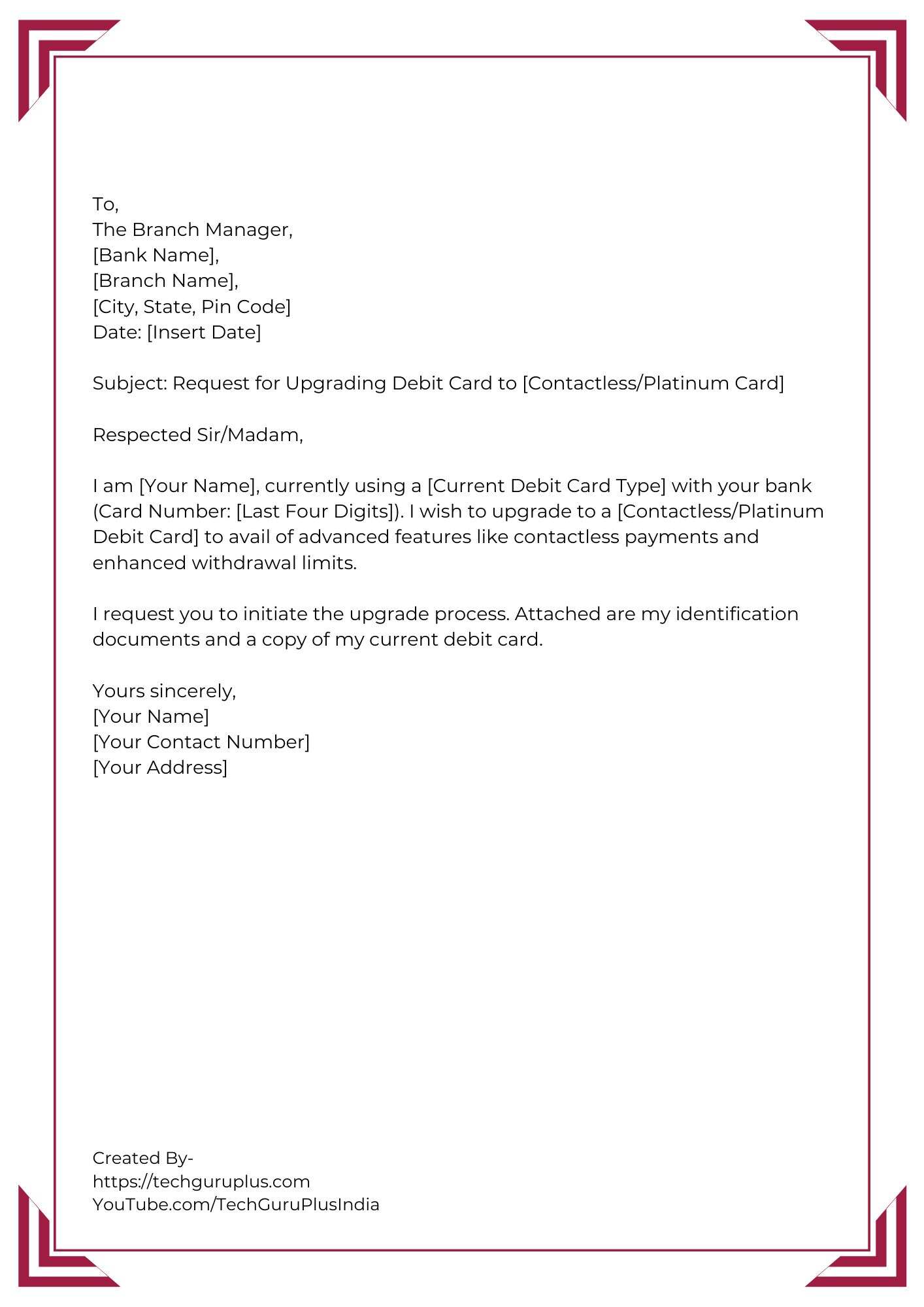 Application for Debit Card Upgrade to Contactless/Platinum Card