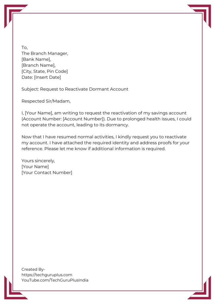 Application for Bank Account Recovery Post Dormancy [5 Format]