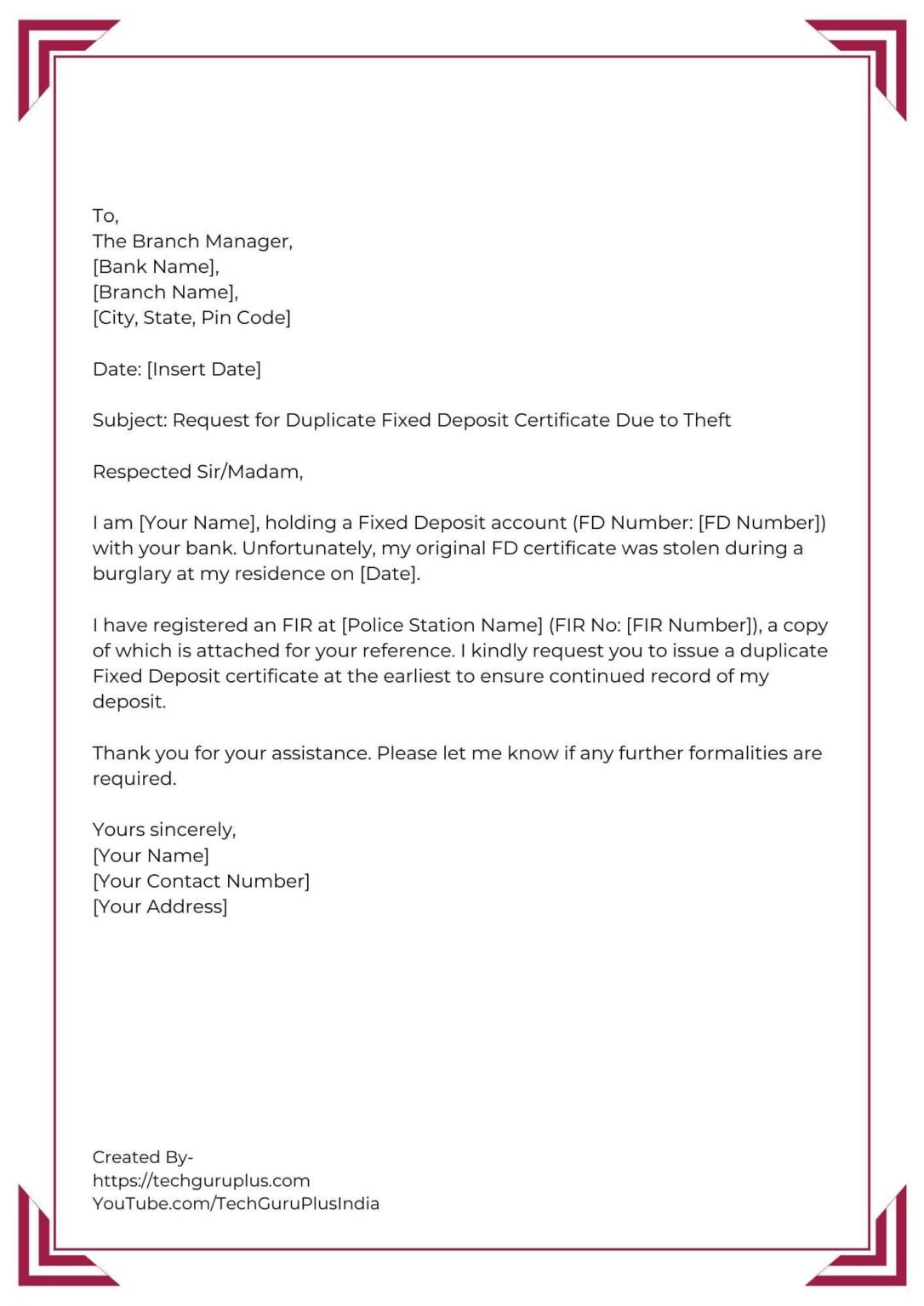 Application for Issuance of Duplicate Fixed Deposit Certificate[5 Format]