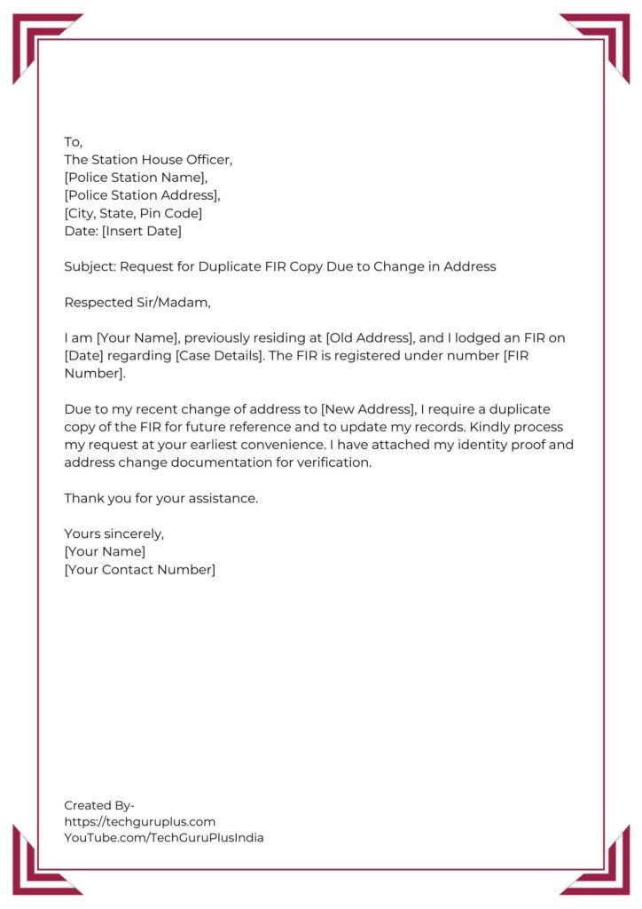 Application for Issuance of a Duplicate Police FIR Copy [5 Format]