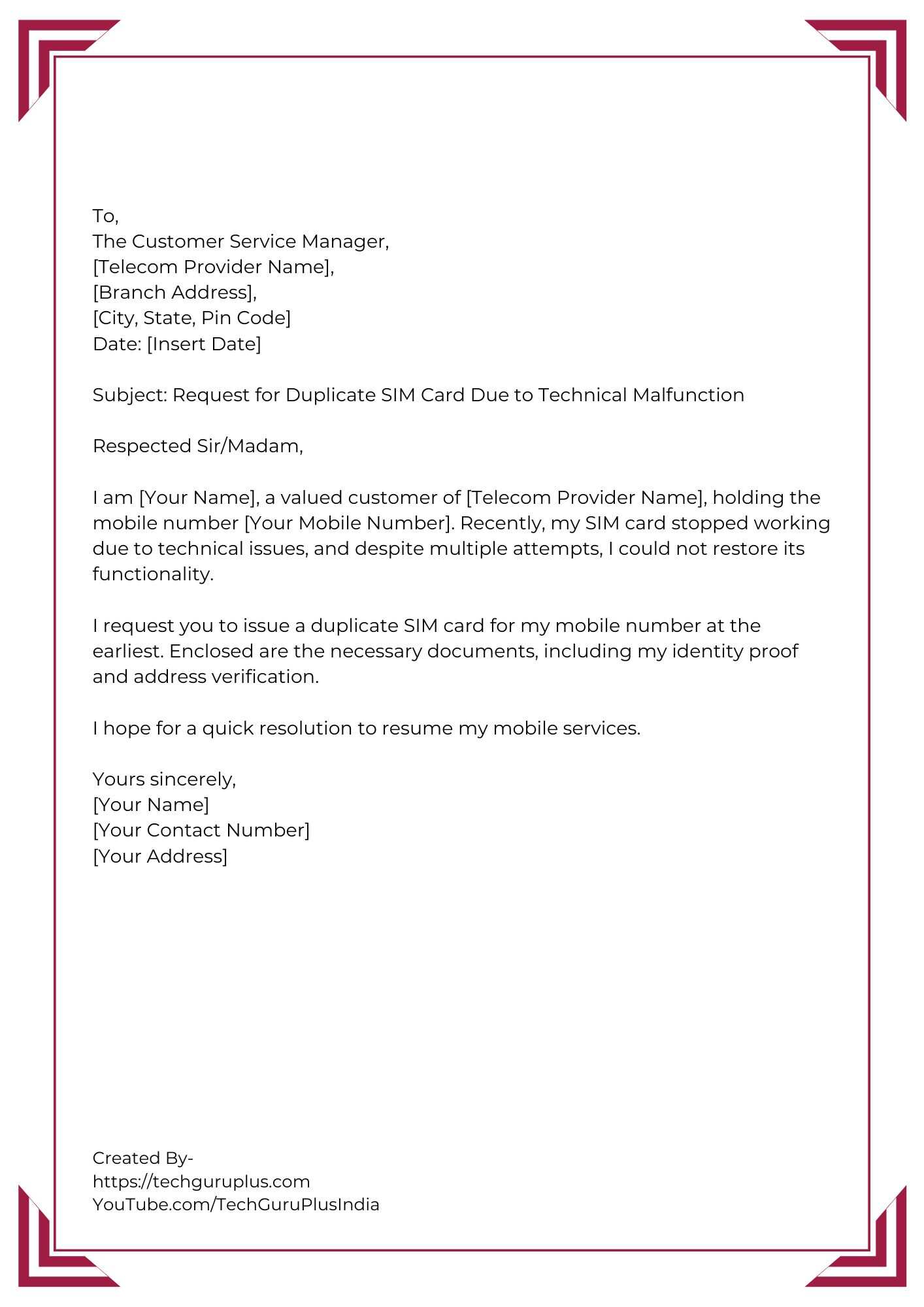 Application for Duplicate SIM Card Issuance [5 Format]