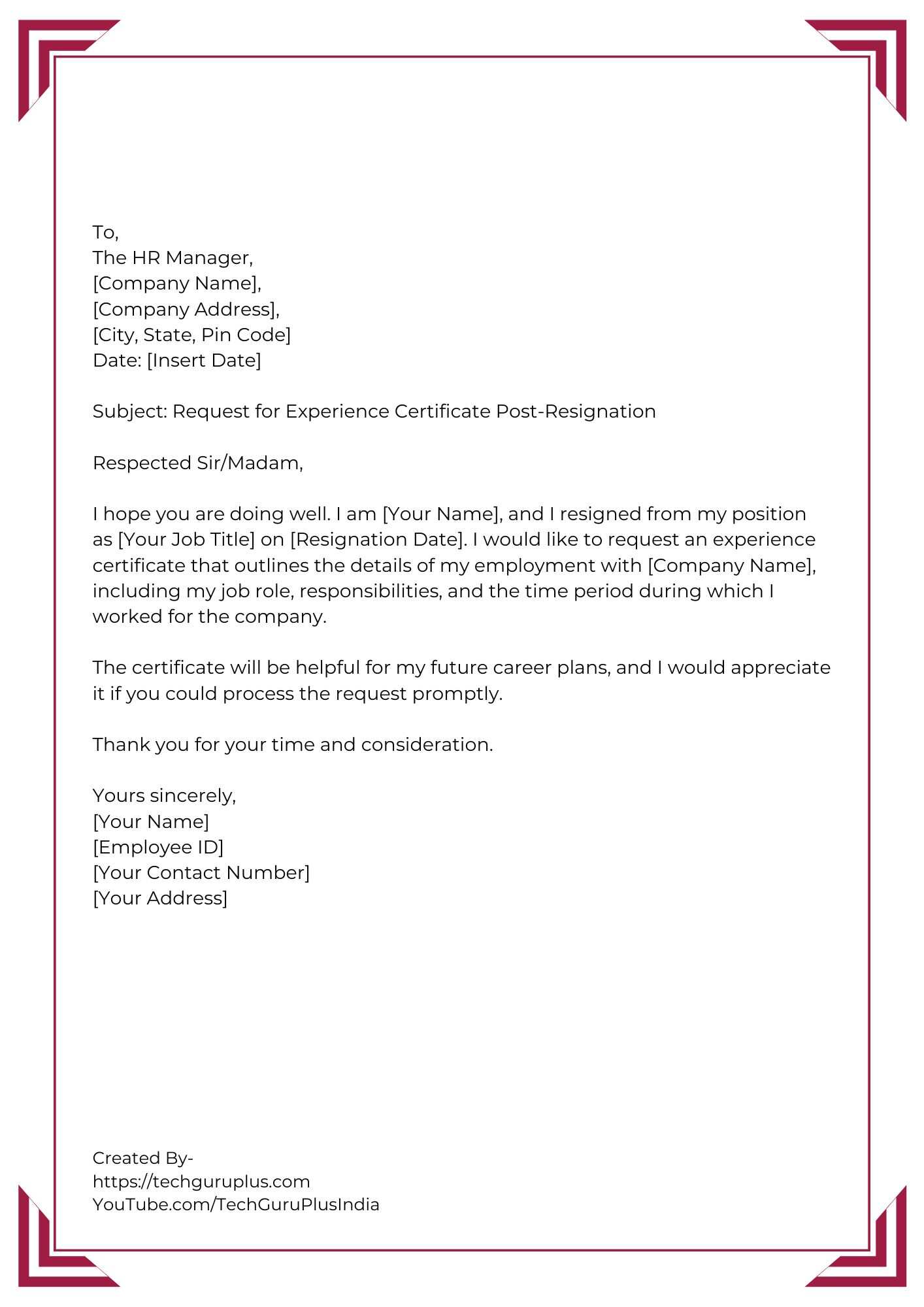 Application for Experience Certificate After Resignation