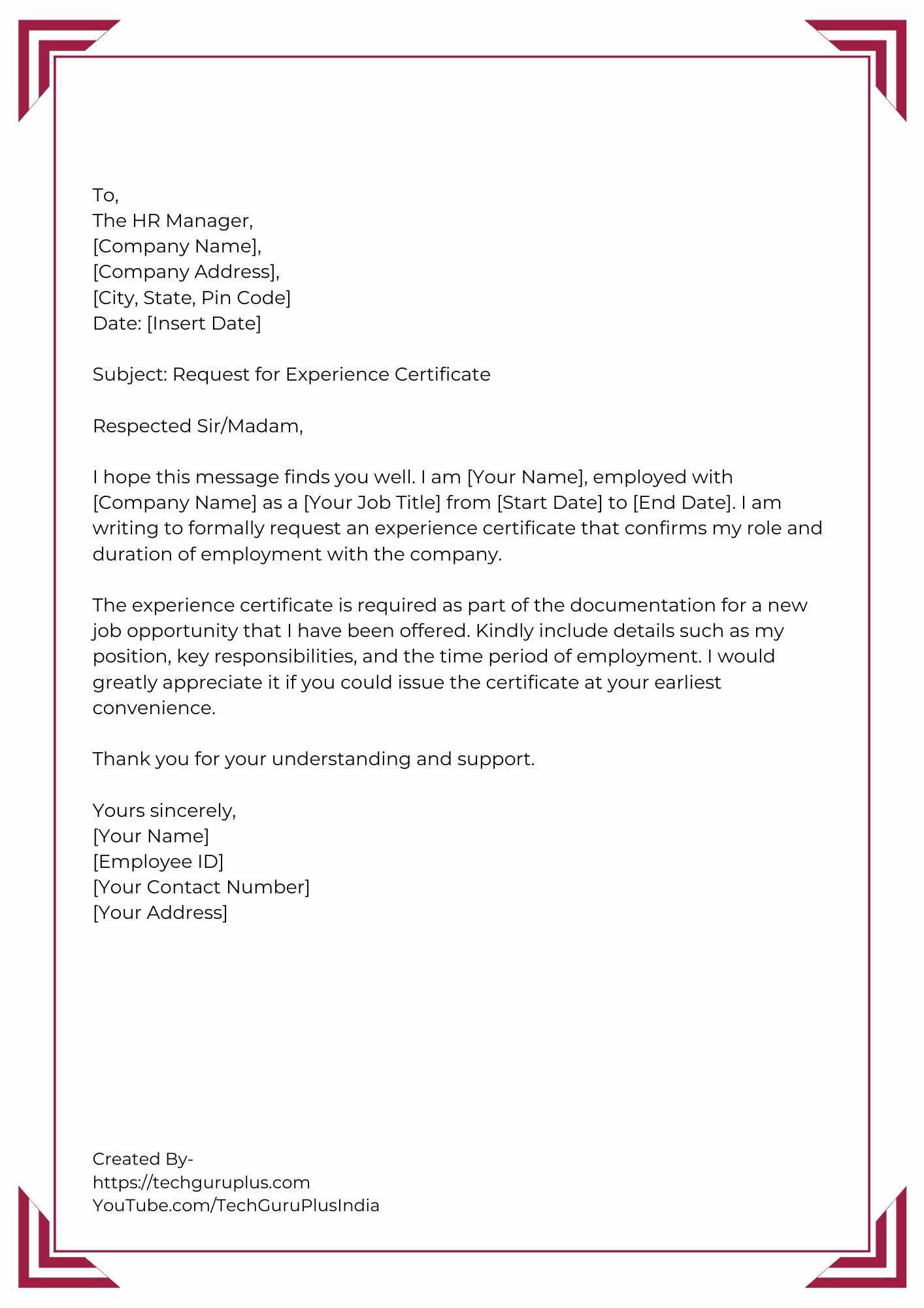 Application for Experience Certificate for New Job