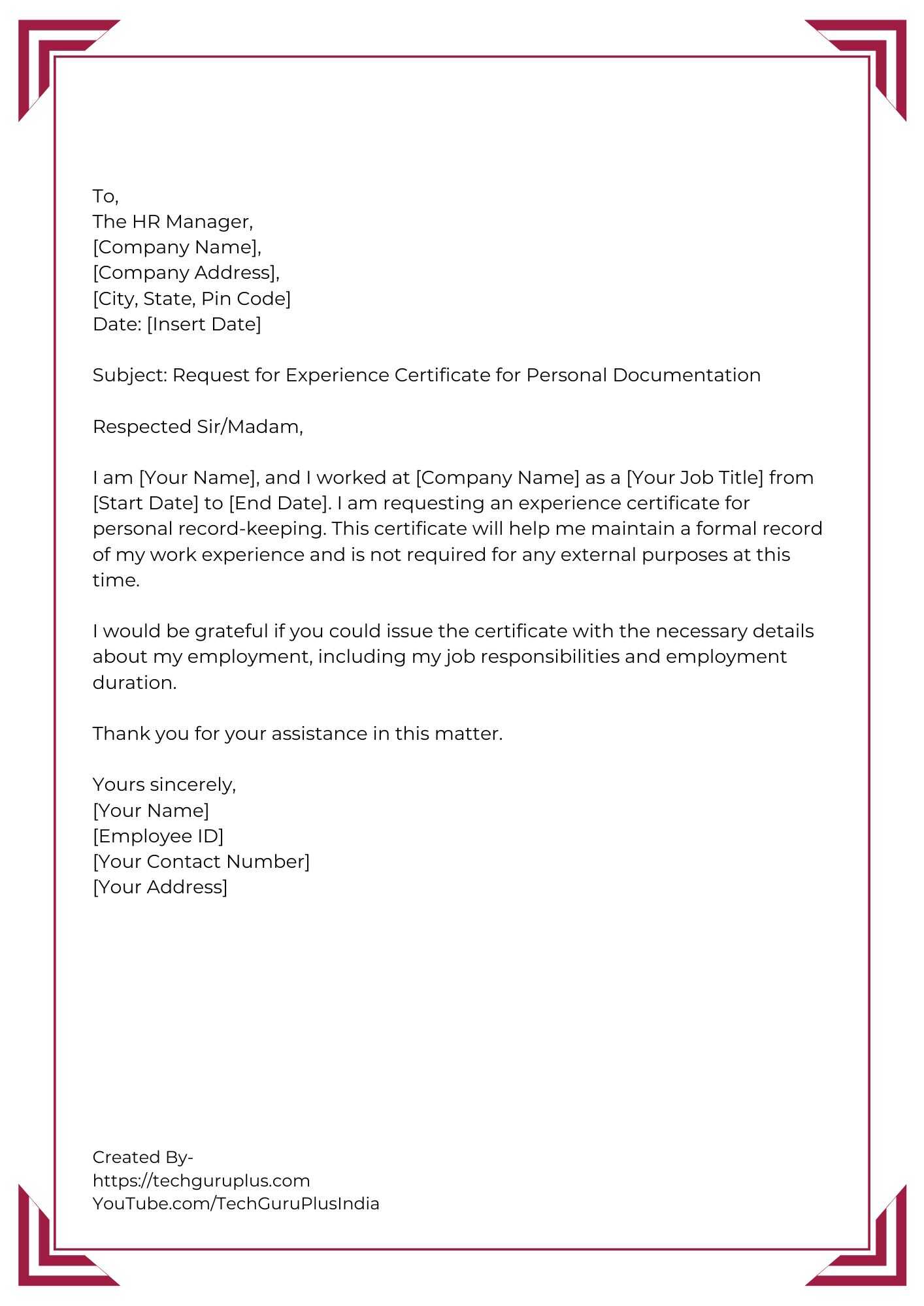 Application for Experience Certificate for Personal Records