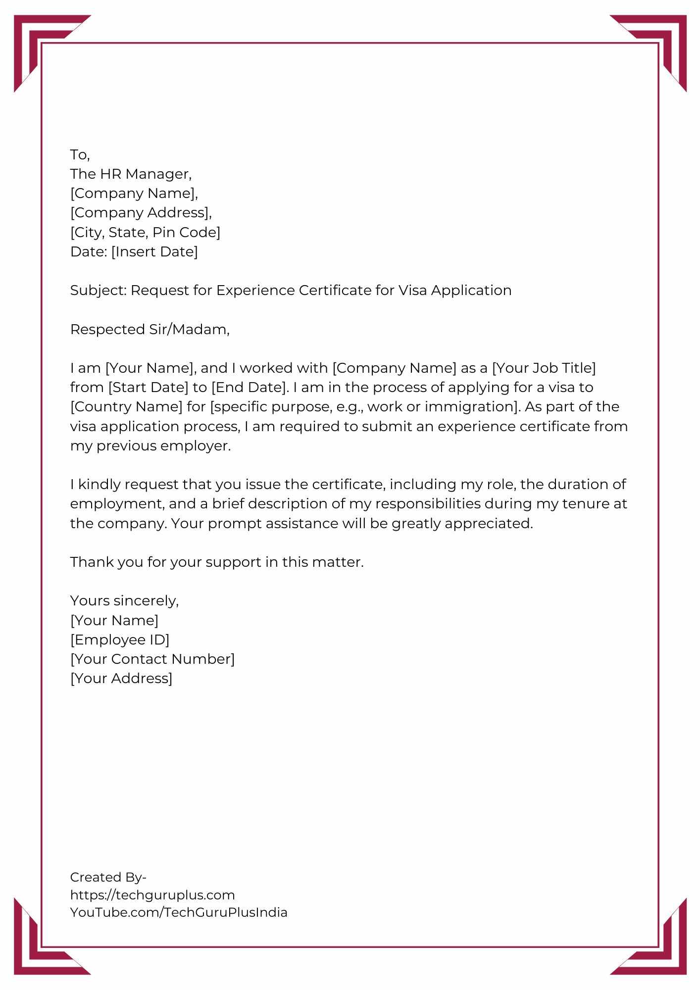 Application for Experience Certificate for Visa or Immigration Purposes