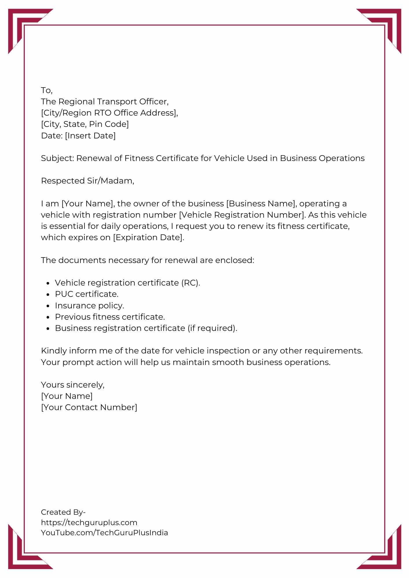 Application for Fitness Certificate Renewal for a Vehicle in Business Use