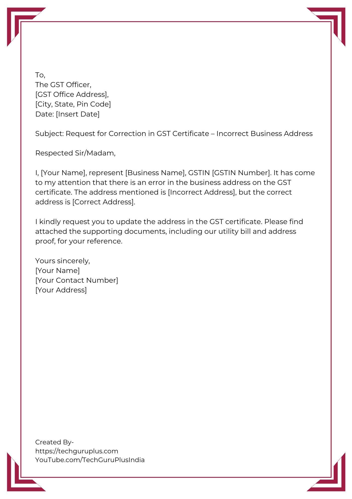 Application for GST Certificate Correction (Business Address Error)