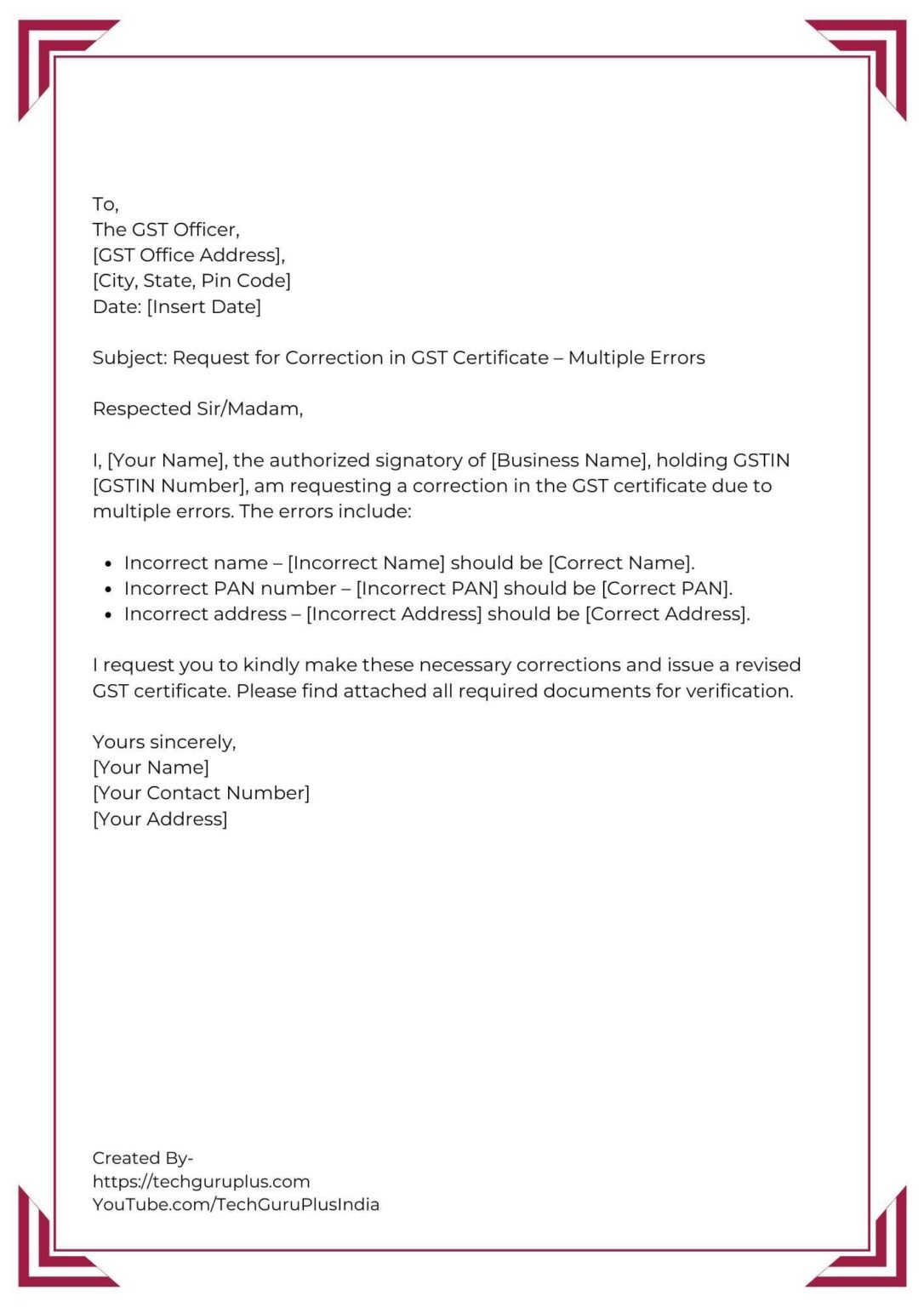 Application for Requesting GST Certificate Correction [5 Format]