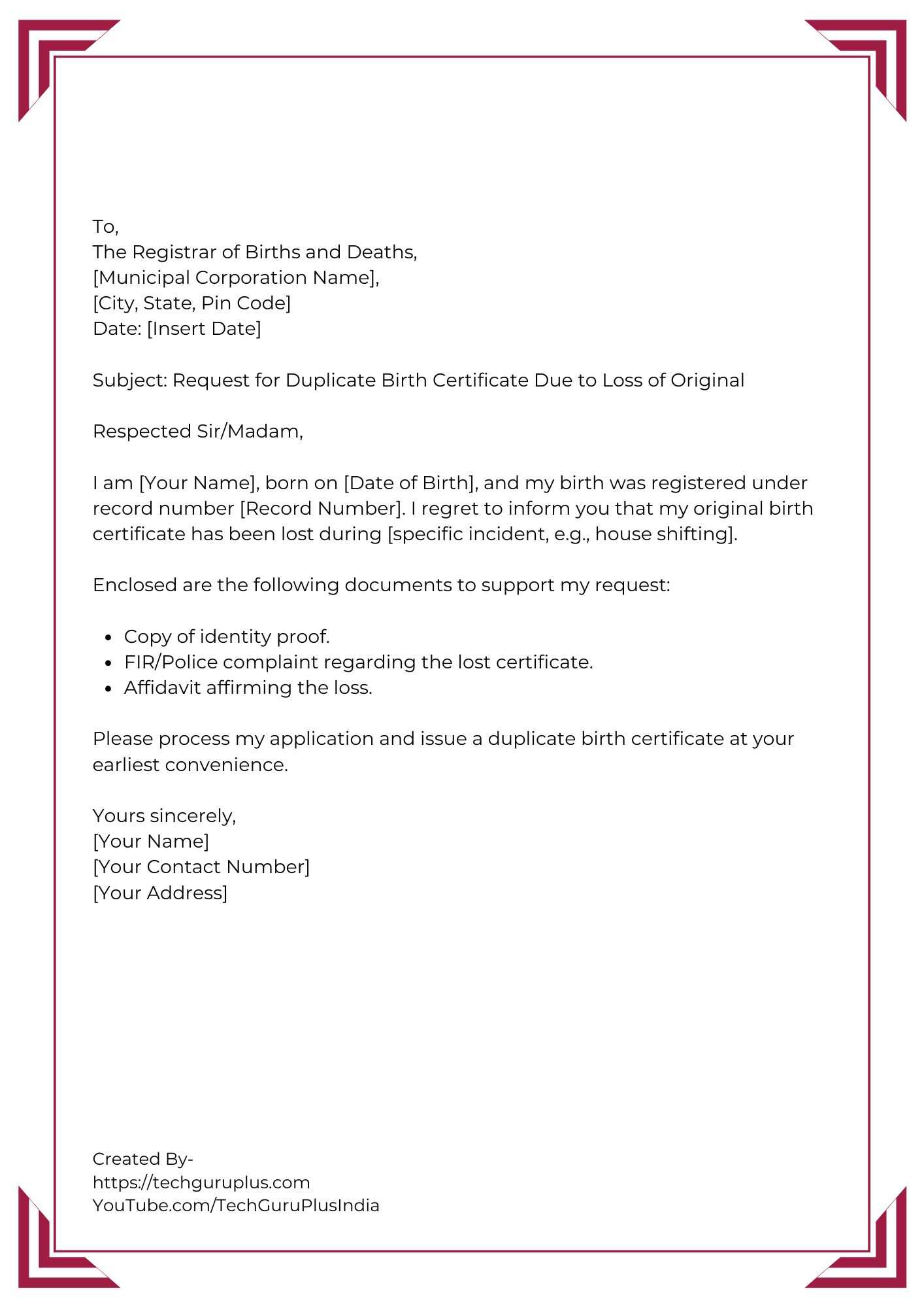 Application for Issuance of Duplicate Birth Certificate for Lost Document