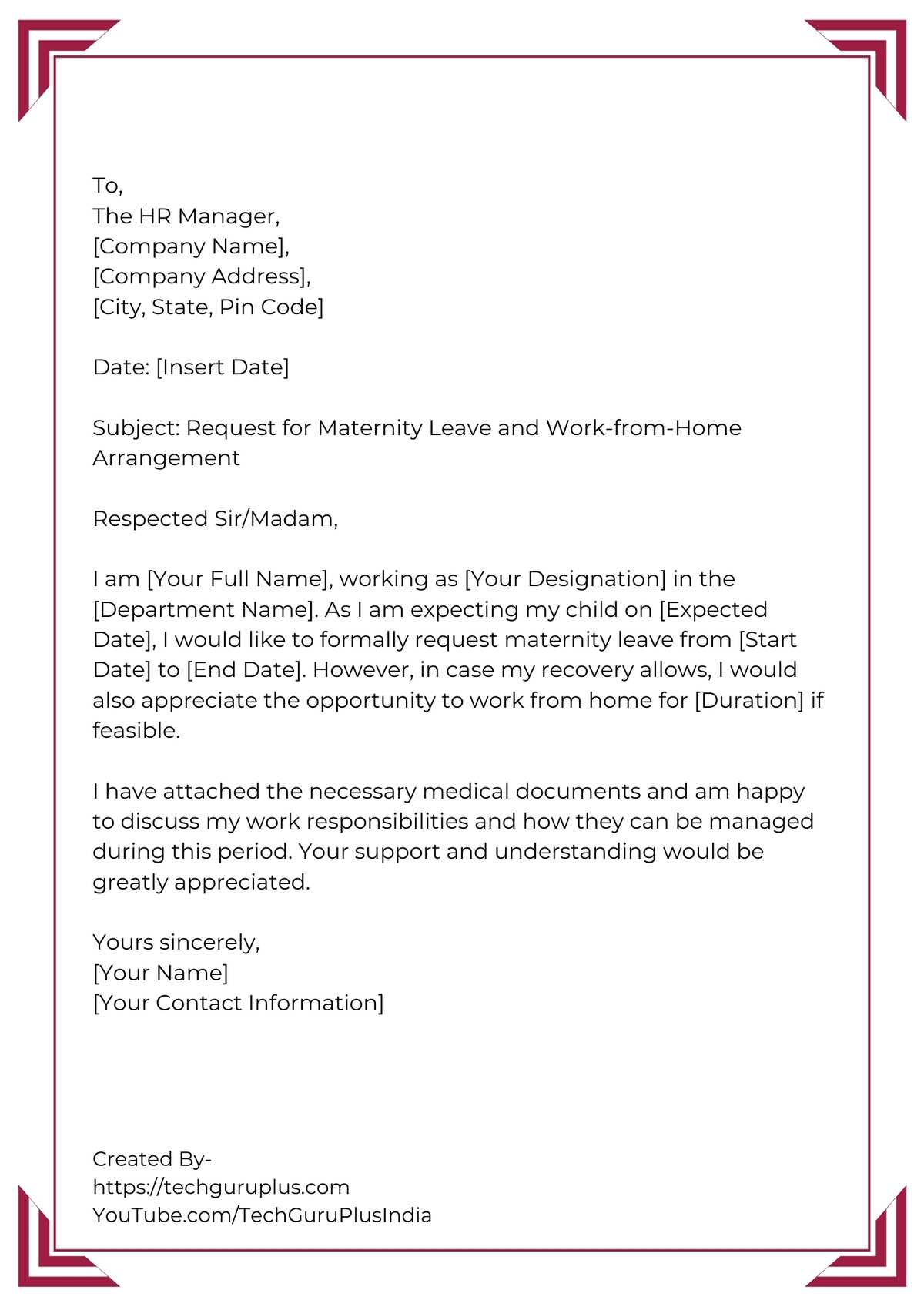 Application for Maternity Leave with Request for Work-from-Home Option