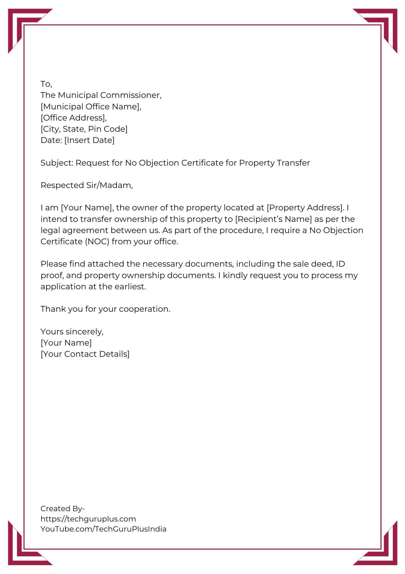 Application for NOC for Property Transfer