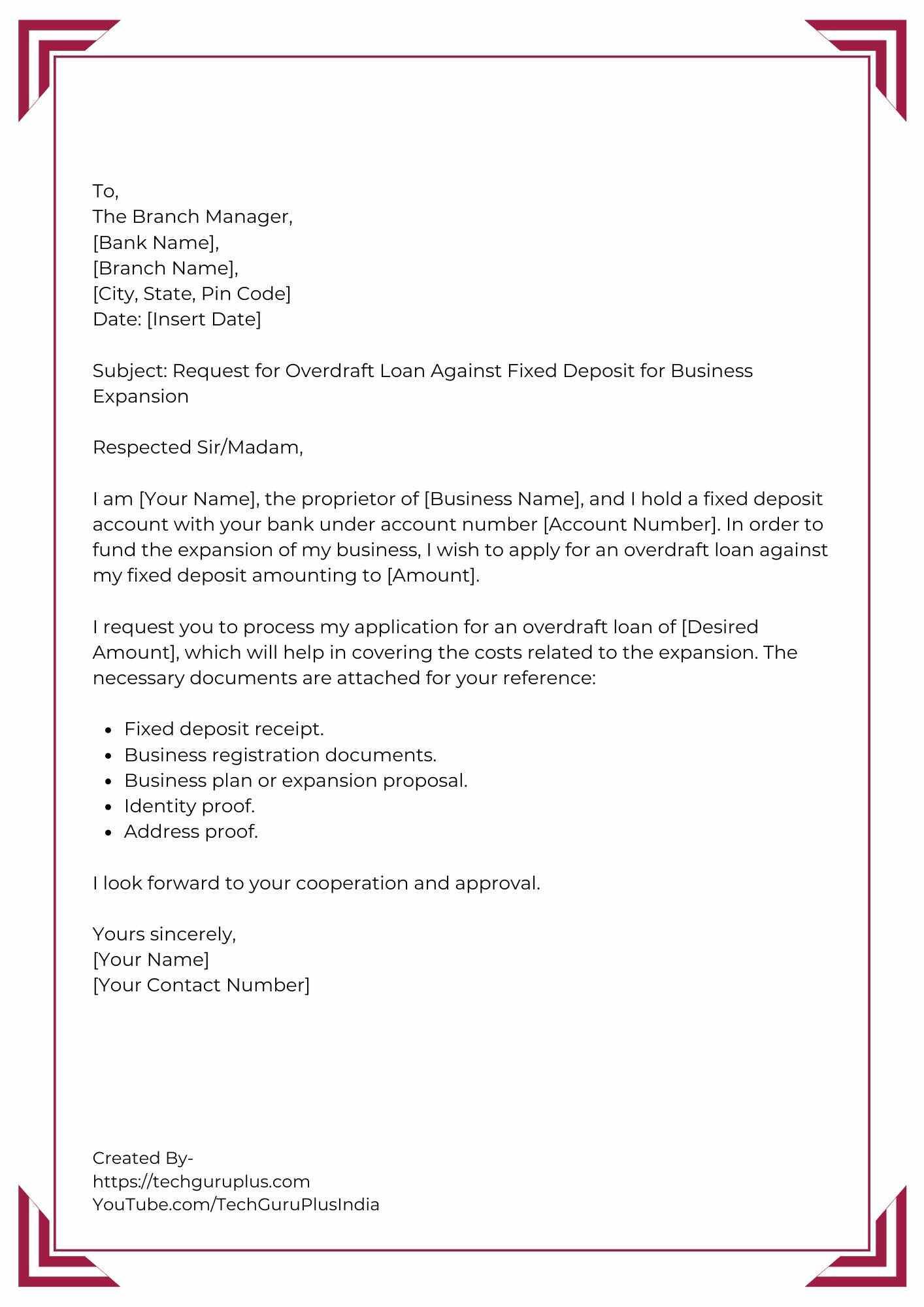 Application for Overdraft Loan Against Fixed Deposit (Business Expansion)