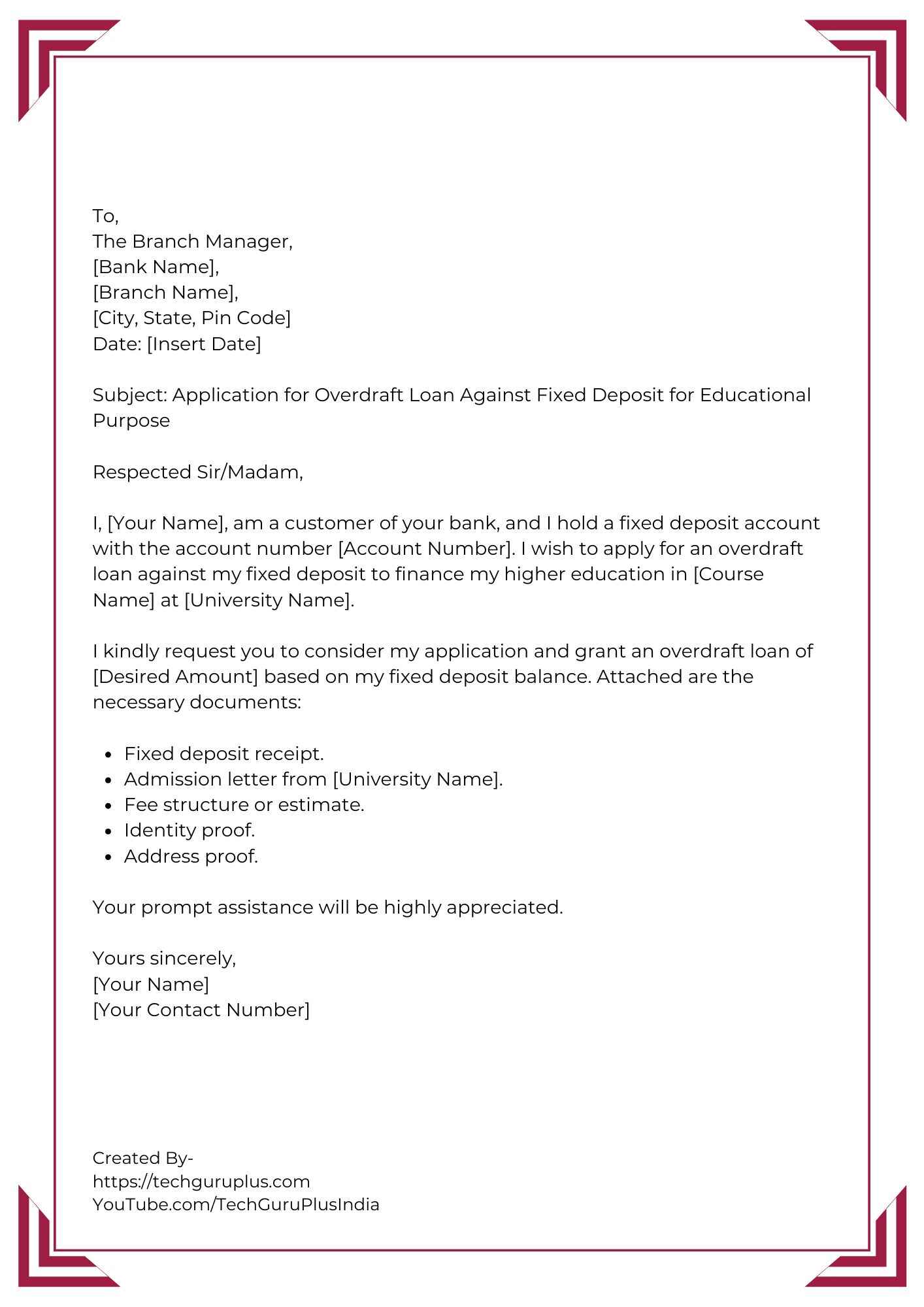 Application for Overdraft Loan Against Fixed Deposit (Educational Purpose)