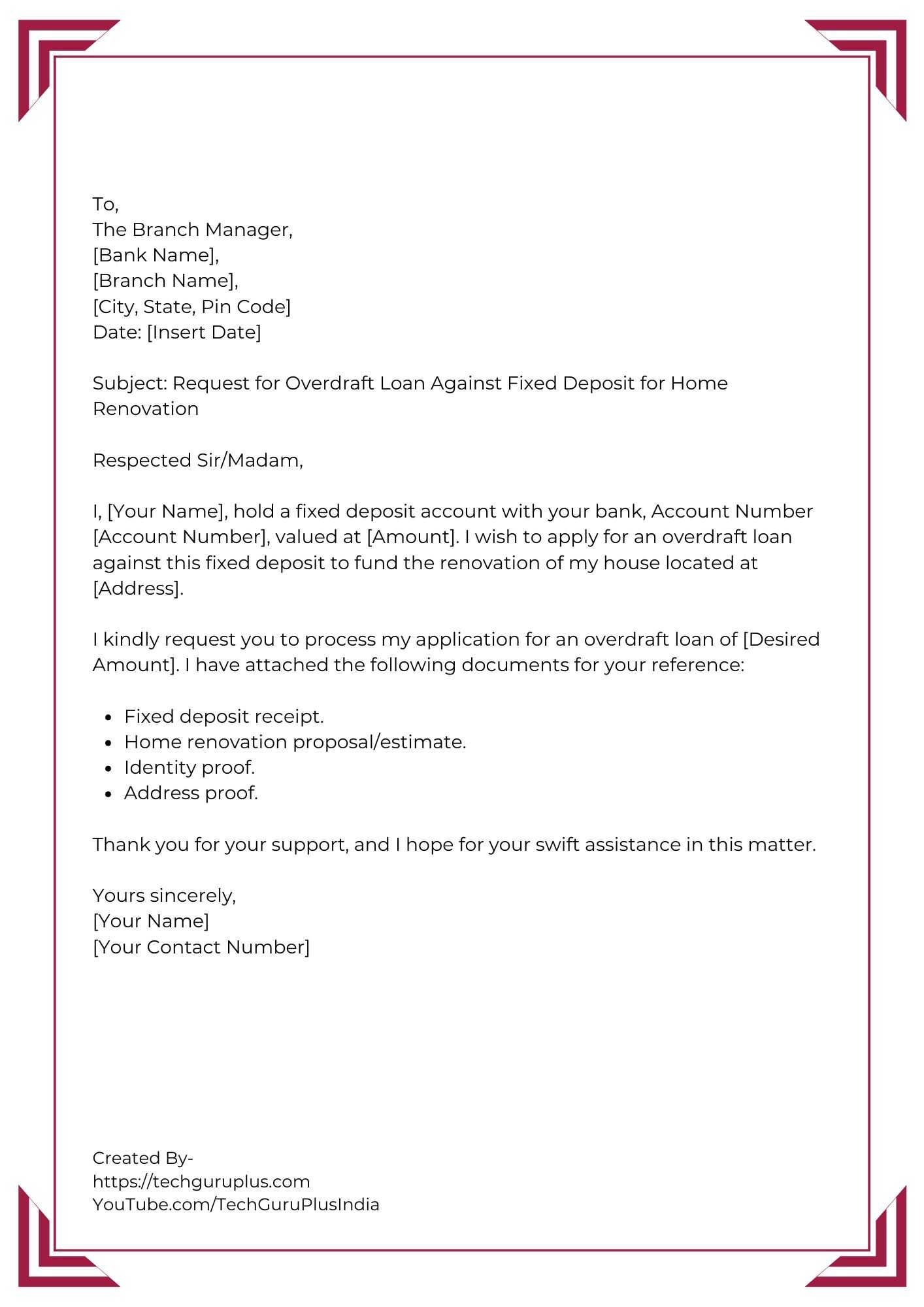 Application for Overdraft Loan Against Fixed Deposit (Home Renovation)