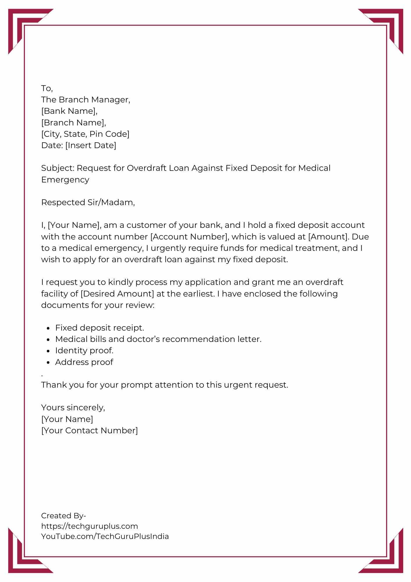 Application for Overdraft Loan Against Fixed Deposit (Medical Emergency)