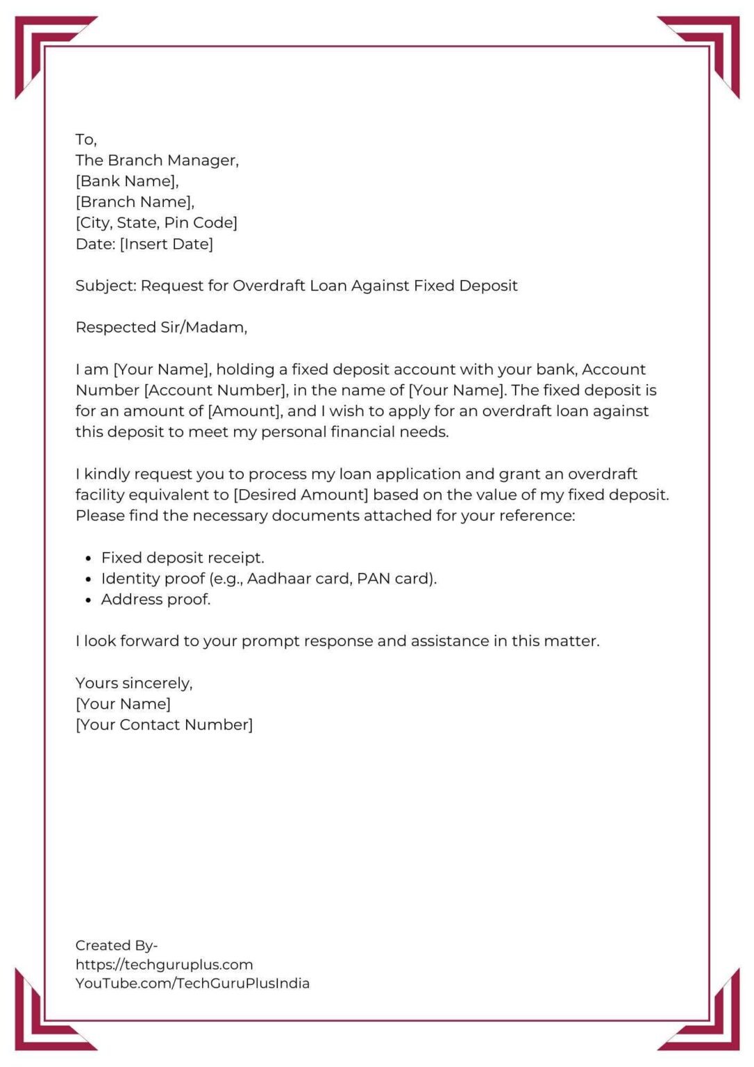 Application for Overdraft Loan Against Fixed Deposit [5 Format]