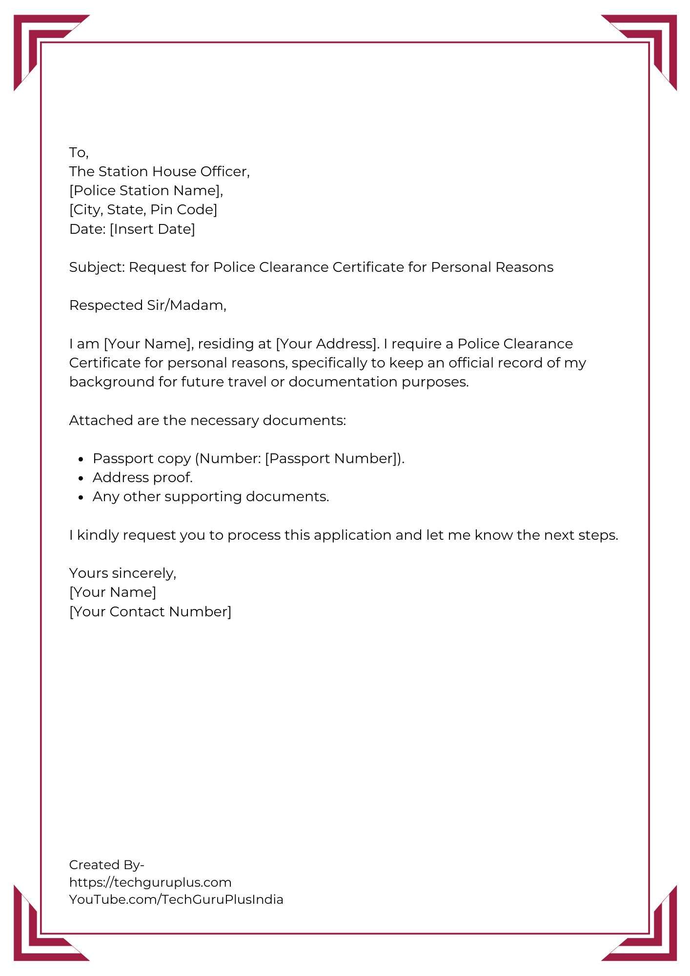 Application for PCC for Personal Reasons (Travel or Record)