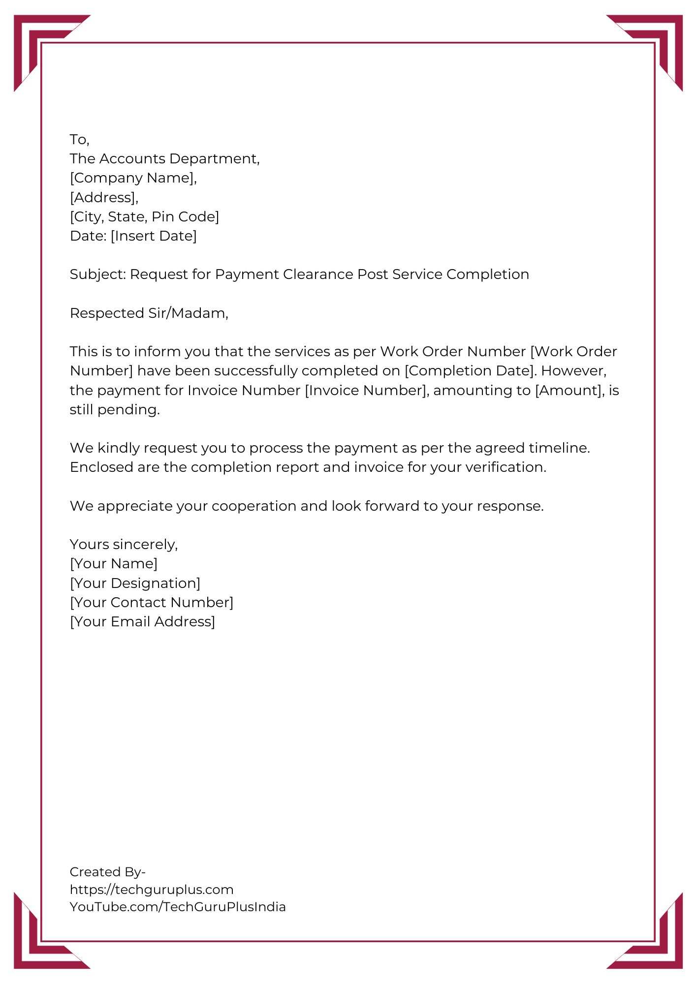 Application for Payment Clearance After Service Completion